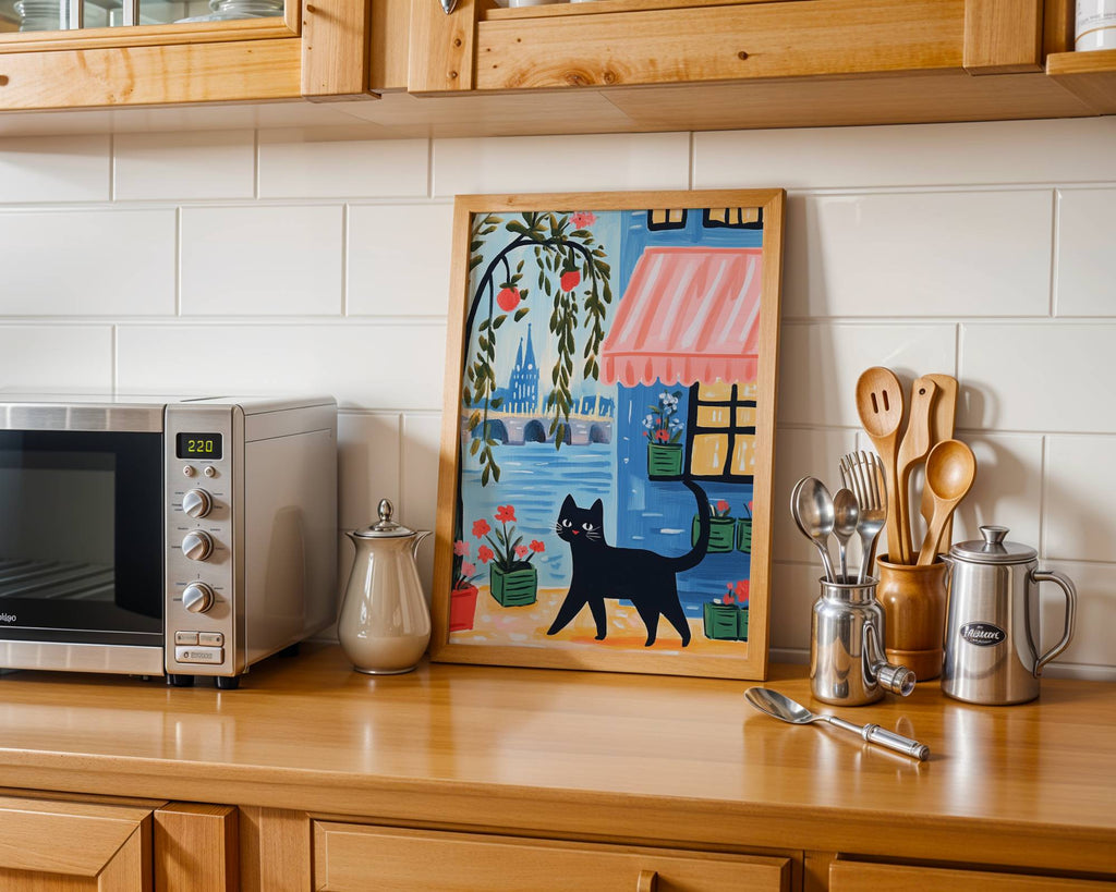 Illustration Chat noir à Paris - Idée cadeau amoureux des chats - Art Naïf fenêtre et fleurs