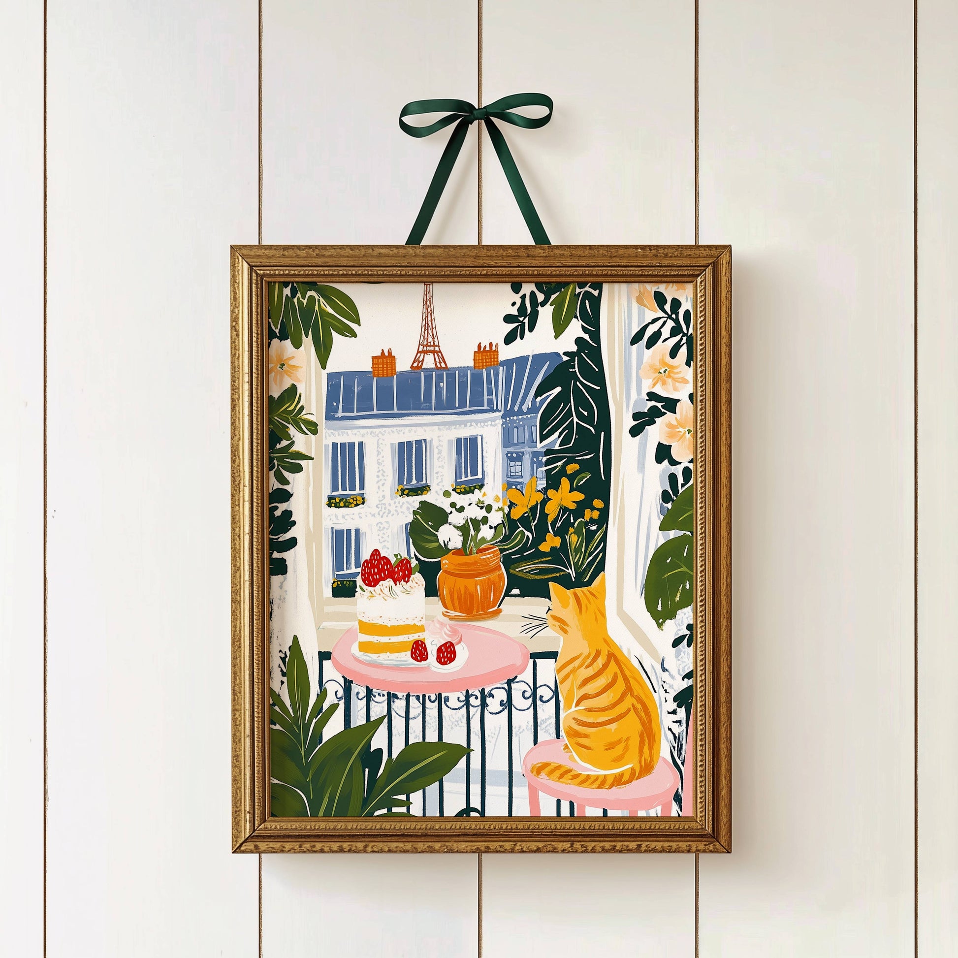 Affiche chat roux à Paris - Illustration chat balcon Tour Eiffel - idée cadeau amoureux des chats - illustration voyage France