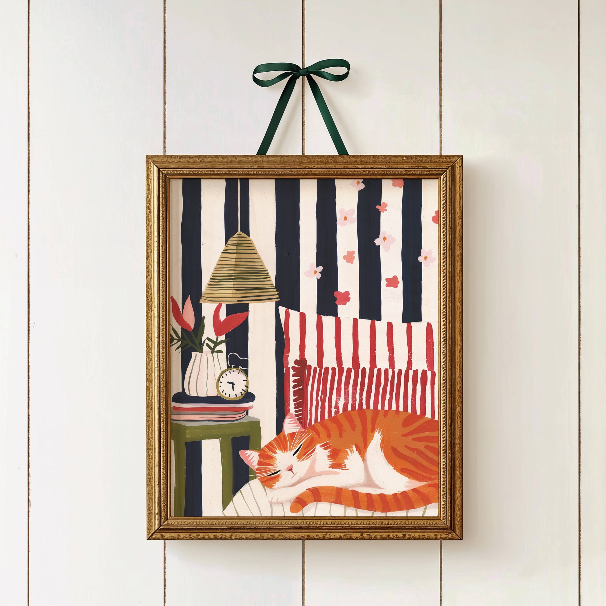 Illustration chat roux sieste | affiche chambre cosy rétro | cadeau amoureux des chats | décoration intérieure cottagecore