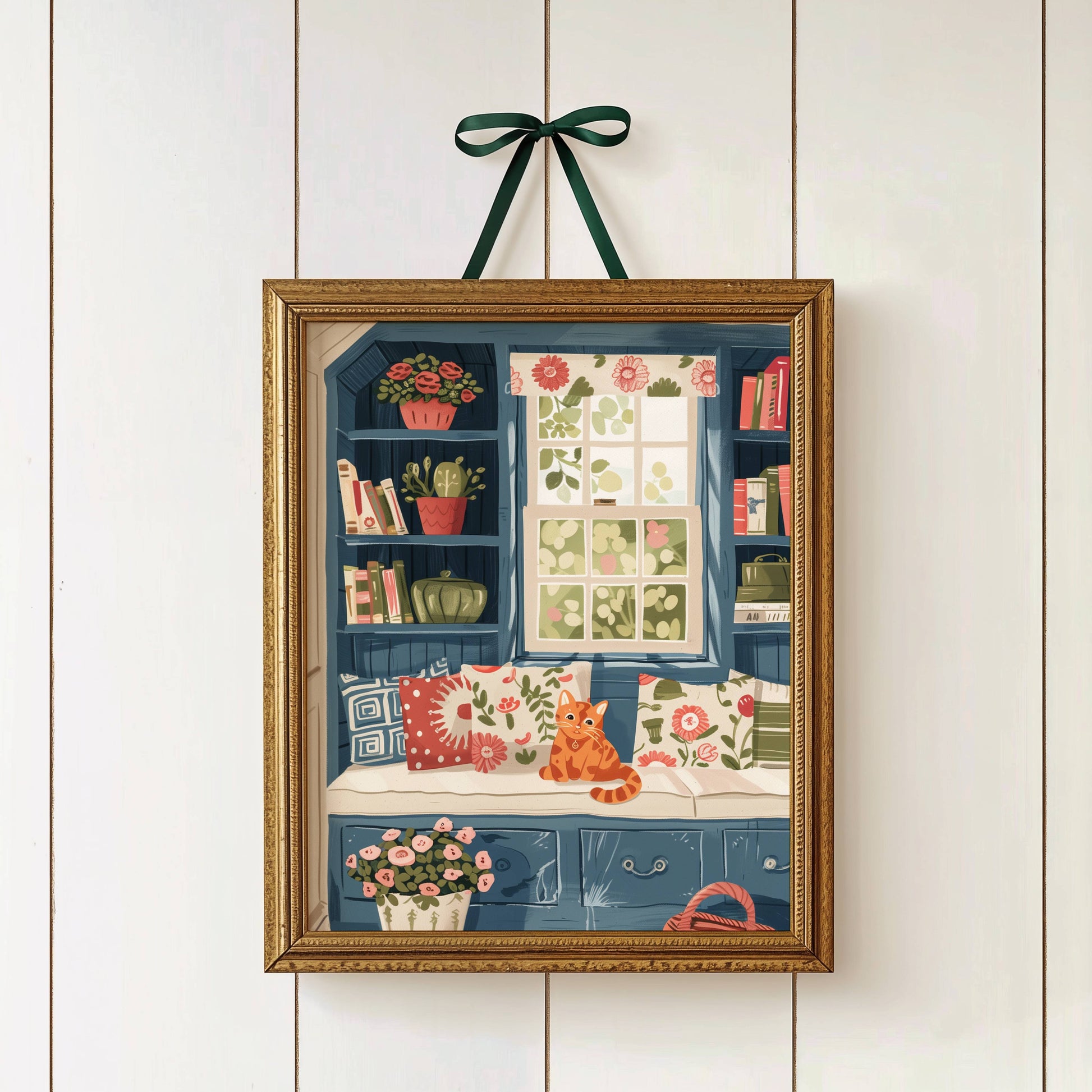 Illustration chat roux fenêtre bleue | Affiche cottagecore chat orange | cadeau amoureux des chats | art mural floral bibliothèque