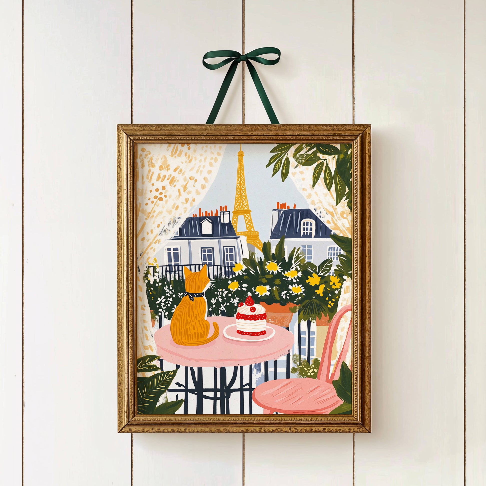 Illustration Chat roux à Paris - Illustration balcon Tour Eiffel - Idée cadeau amoureux des Chats