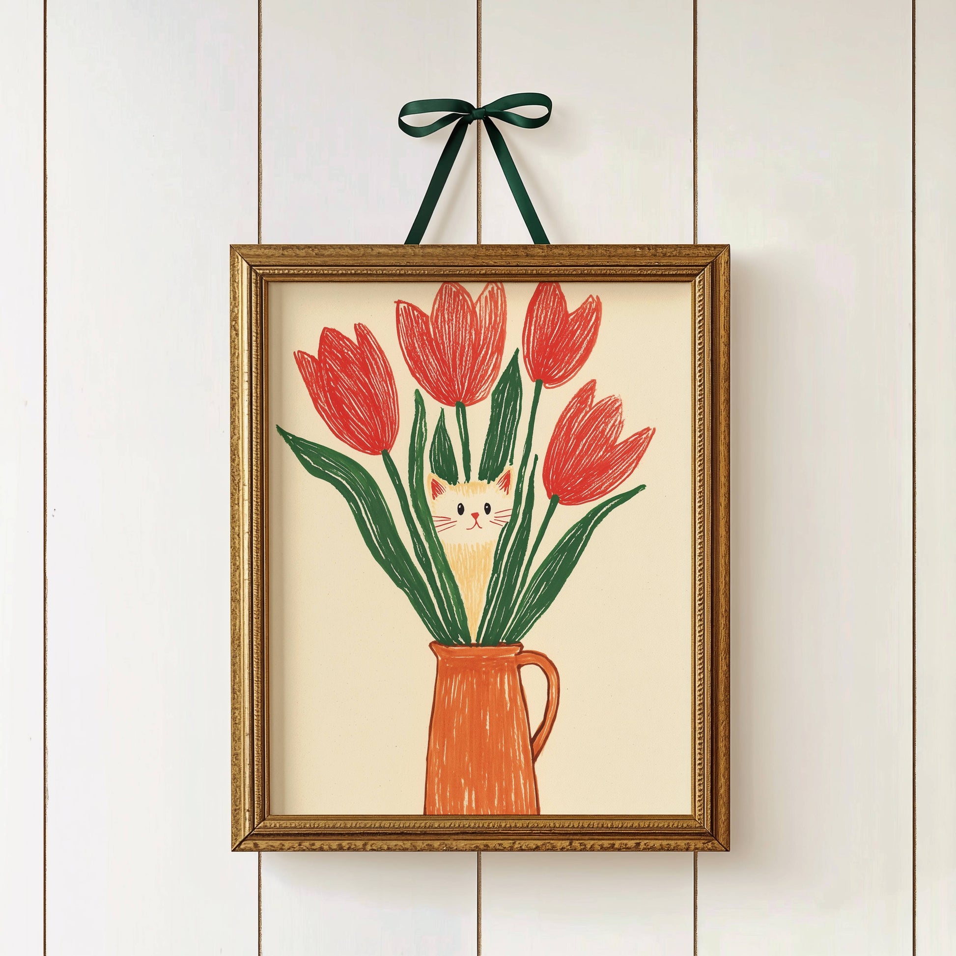 Illustration chat et tulipes rouges | Affiche chat rigolo | Idée cadeau amoureux des chats | Art mural naïf et coloré | Poster cottagecore