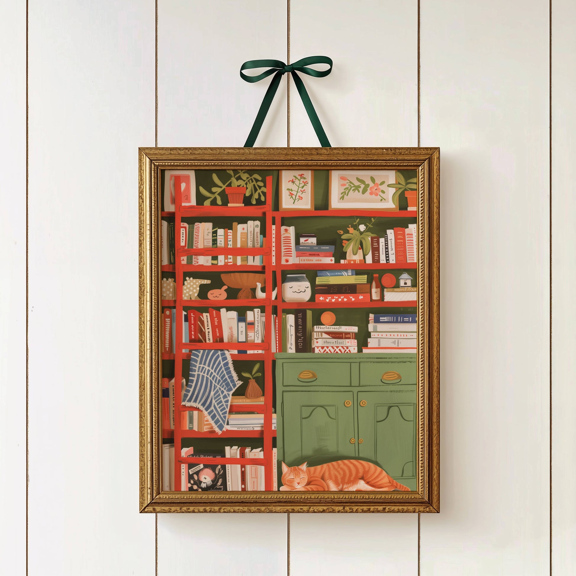 Illustration chat roux bibliothèque | affiche déco lecture cosy | poster cottagecore chat roux | cadeau amoureux des chats et des livres