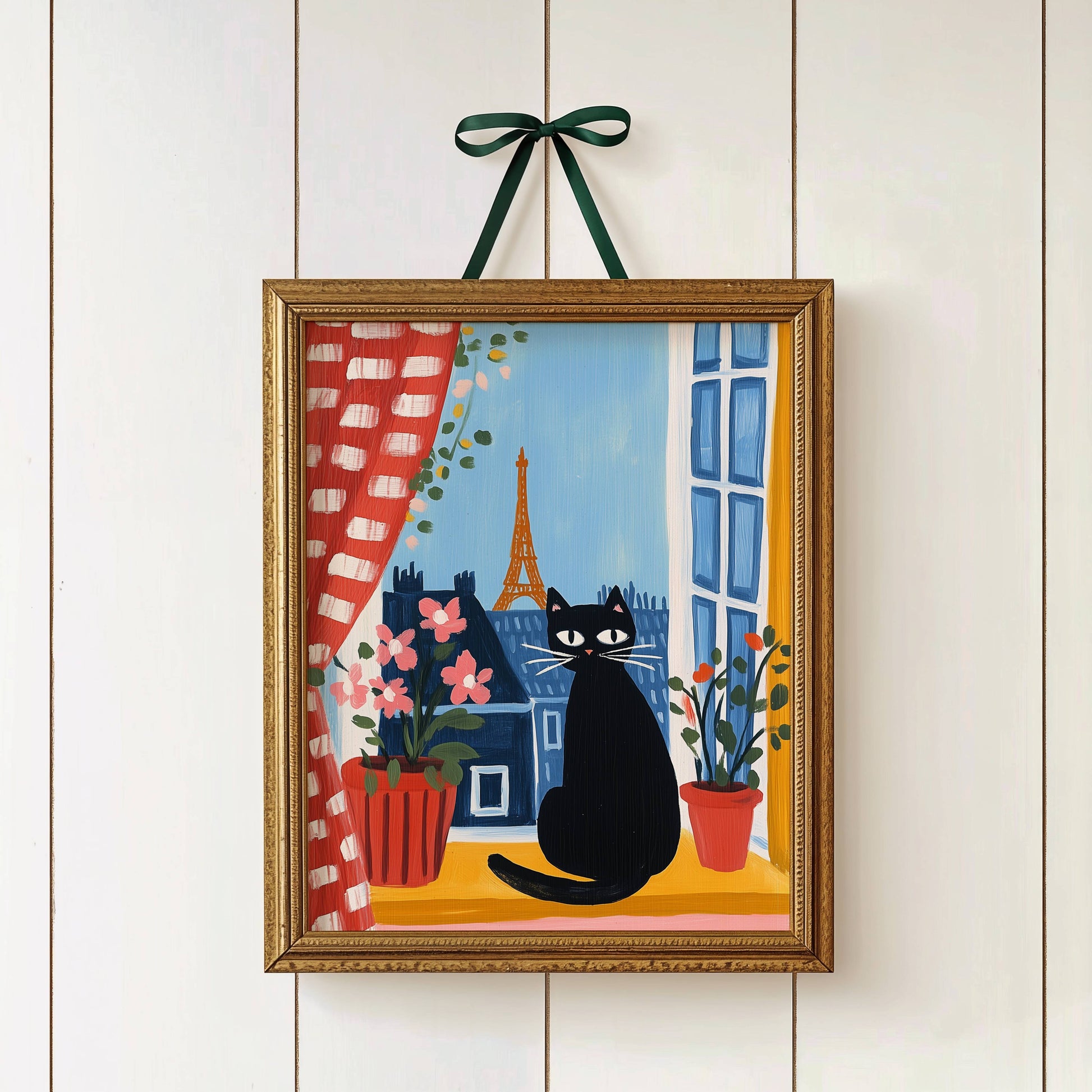 Affiche Chat noir à Paris - Illustration fenêtre Tour Eiffel -  Idée cadeau amoureux des chats