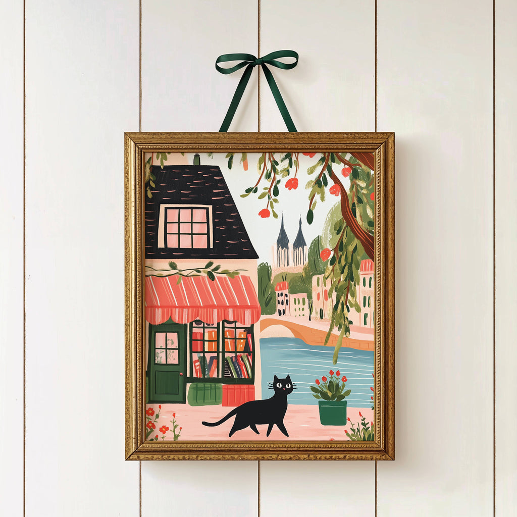 Affiche chat noir librairie Paris - Cadeau bibliophile et amoureux des Chats - Illustration naïve France