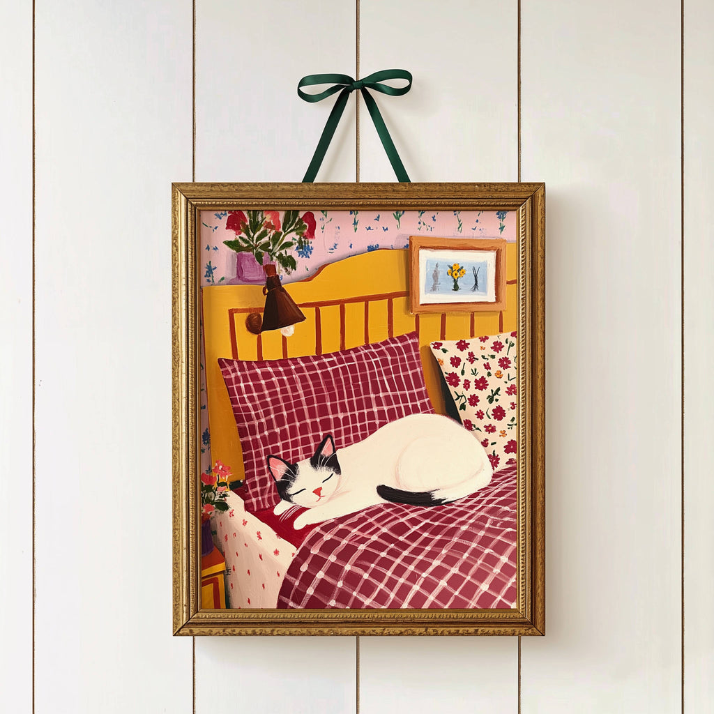 Illustration Chat endormi - Illustration chat noir et blanc dans son lit - Idée cadeau amoureux des chats