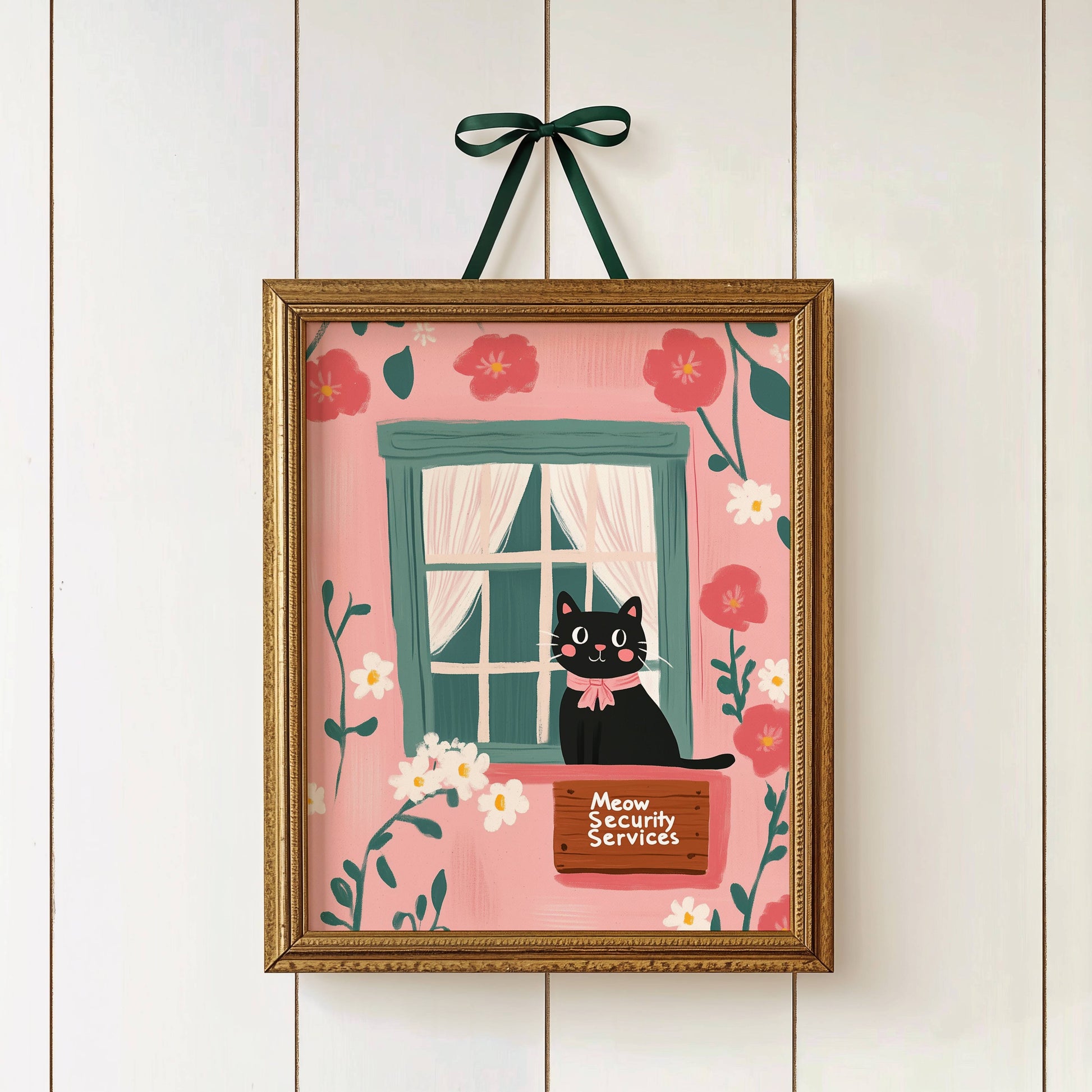 Illustration chat noir fenêtre cottage – Chat avec nœud rose et pancarte – déco murale chaleureuse, idée cadeau amoureux des chats