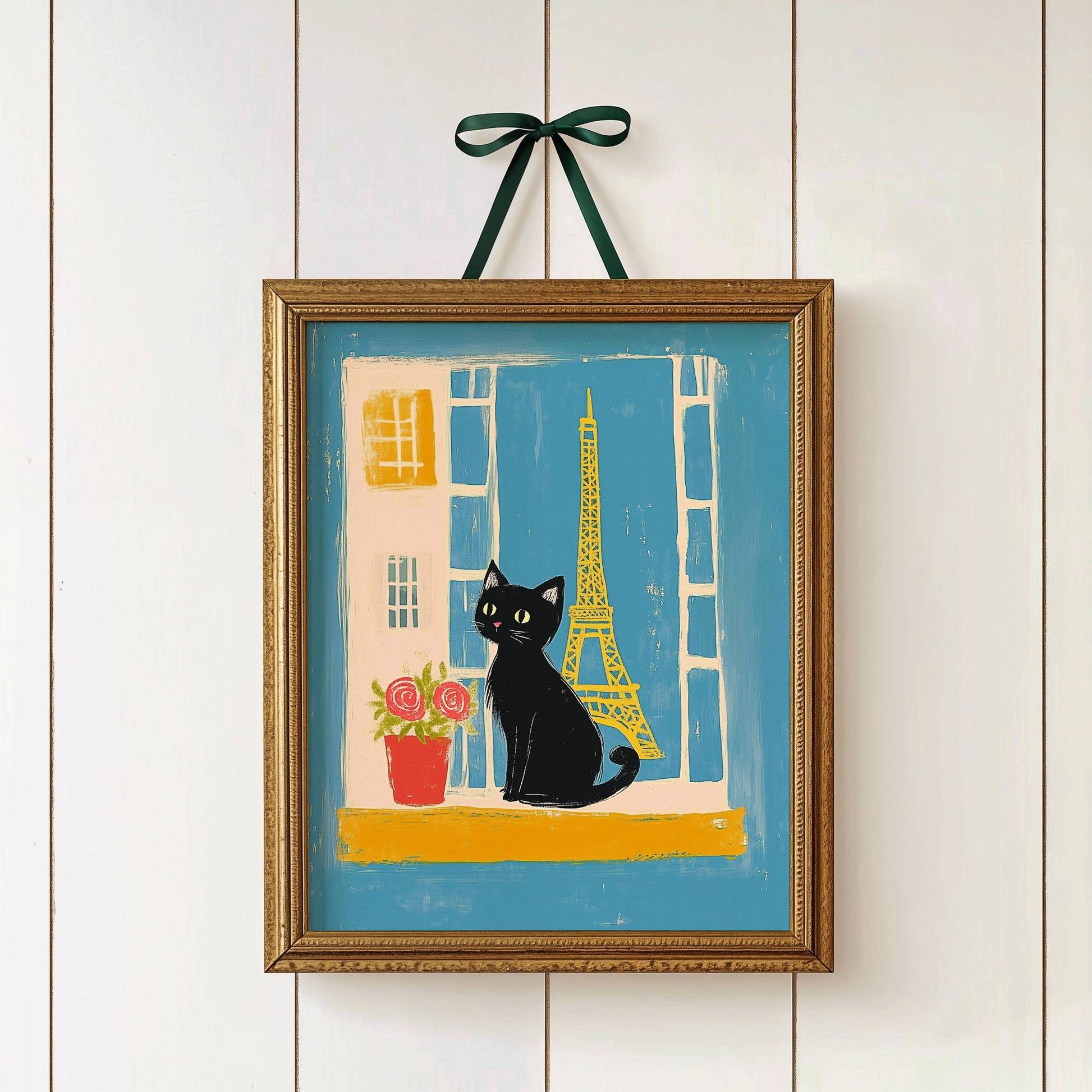 Illustration chat noir Paris – Chat noir Tour Eiffel – déco murale chaleureuse cottagecore, cadeau amoureux des chats
