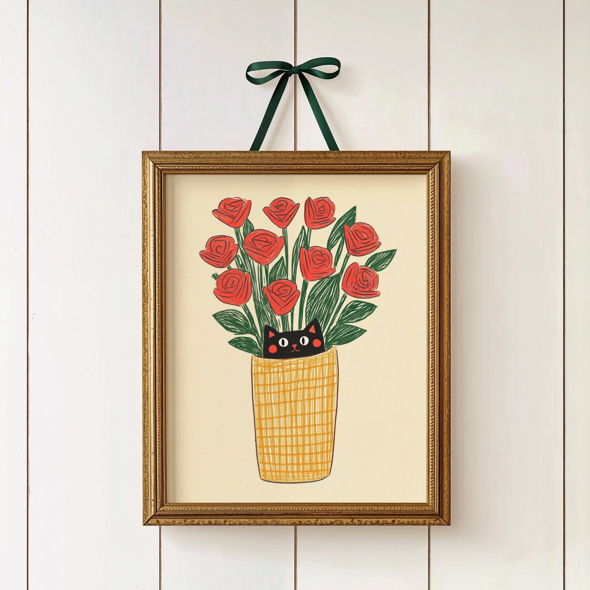 Illustration chat noir roses rouges | affiche art mural naïf | cadeau amoureux des chats | déco cottagecore fleurs