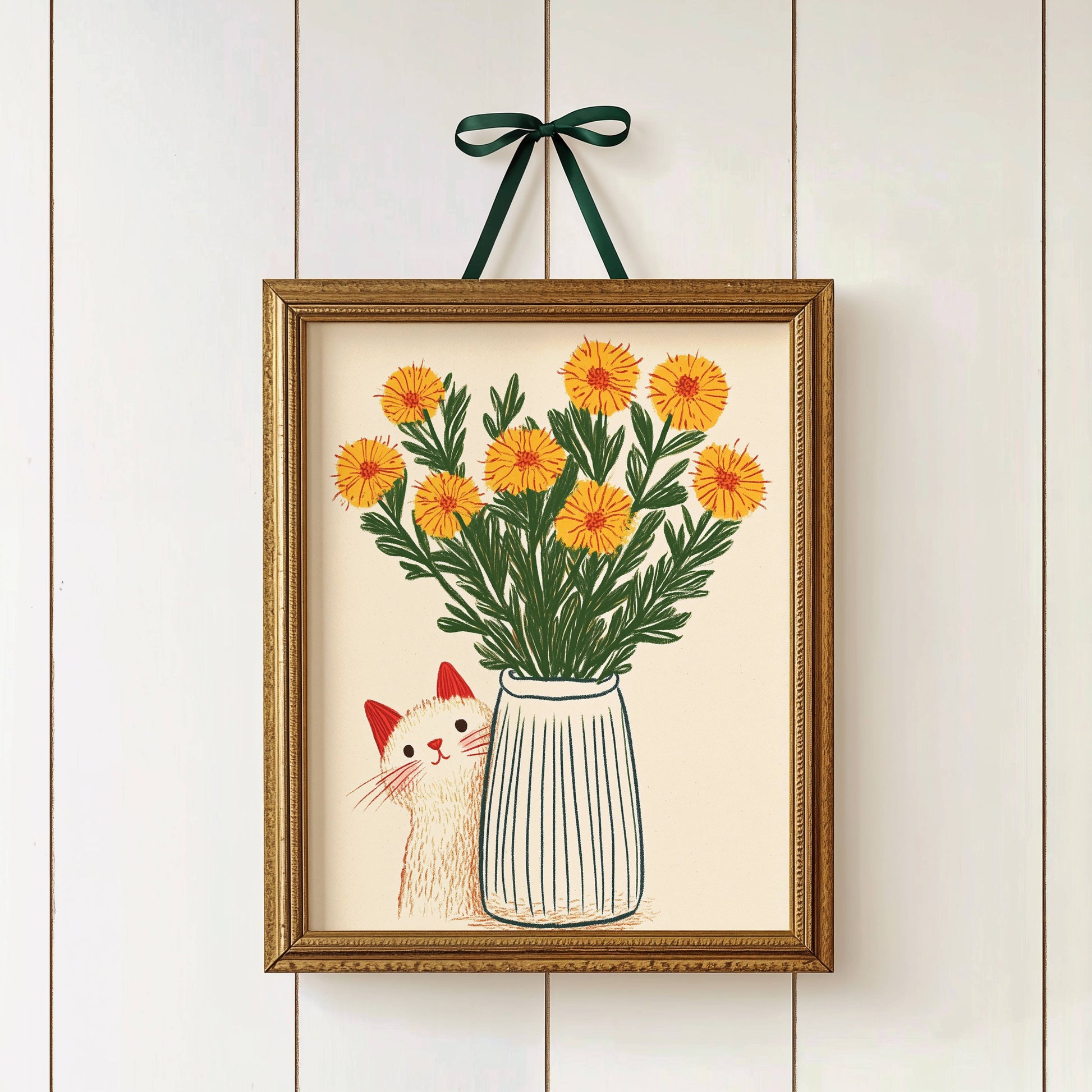 Illustration chat blanc fleurs jaunes | poster art floral printanier | cadeau amoureux des chats | déco murale cottagecore