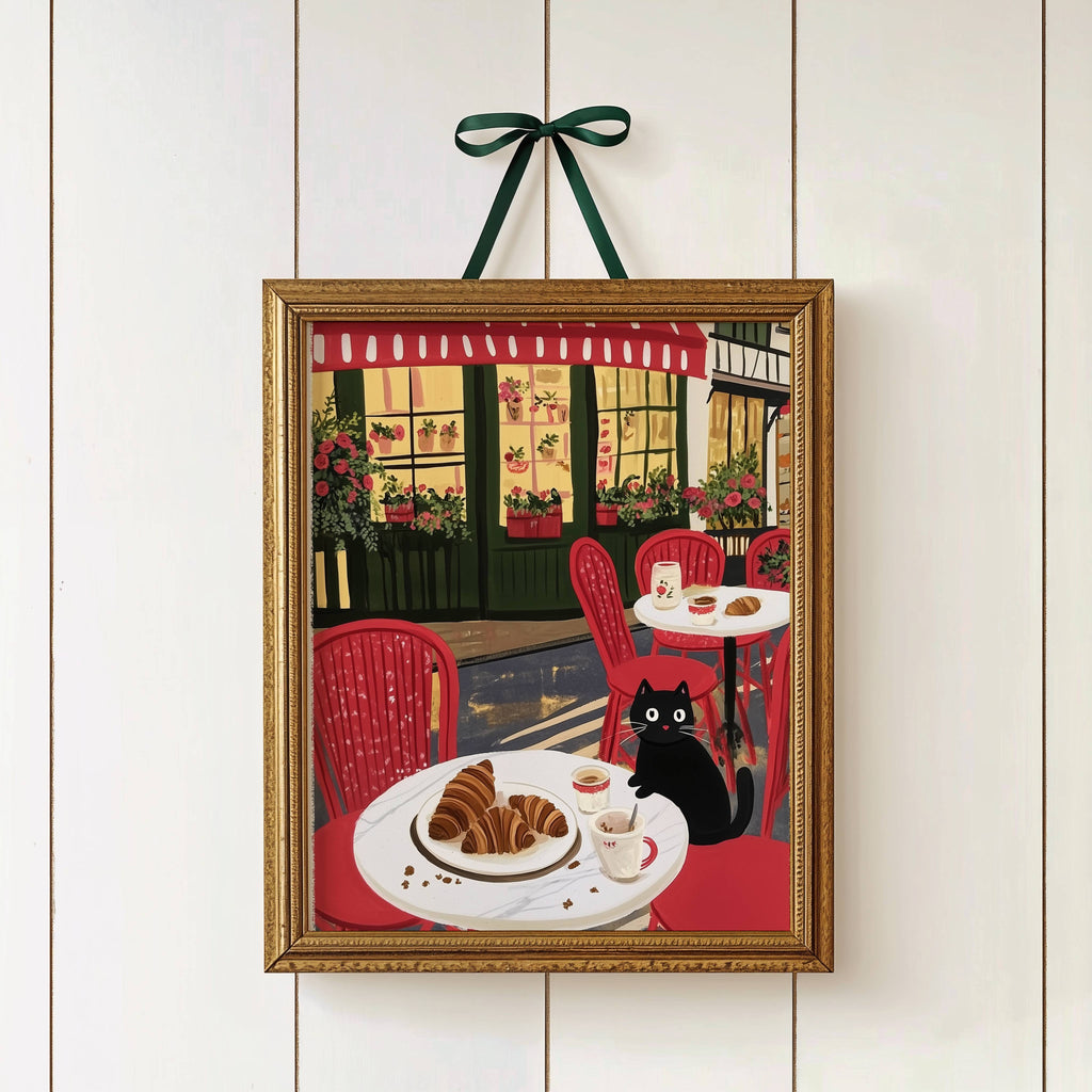 Affiche Chat noir café Paris - Illustration terrasse Parisienne croissants - Idée cadeau Amoureux des Chats