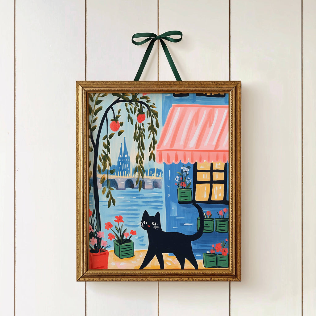 Illustration Chat noir à Paris - Idée cadeau amoureux des chats - Art Naïf fenêtre et fleurs