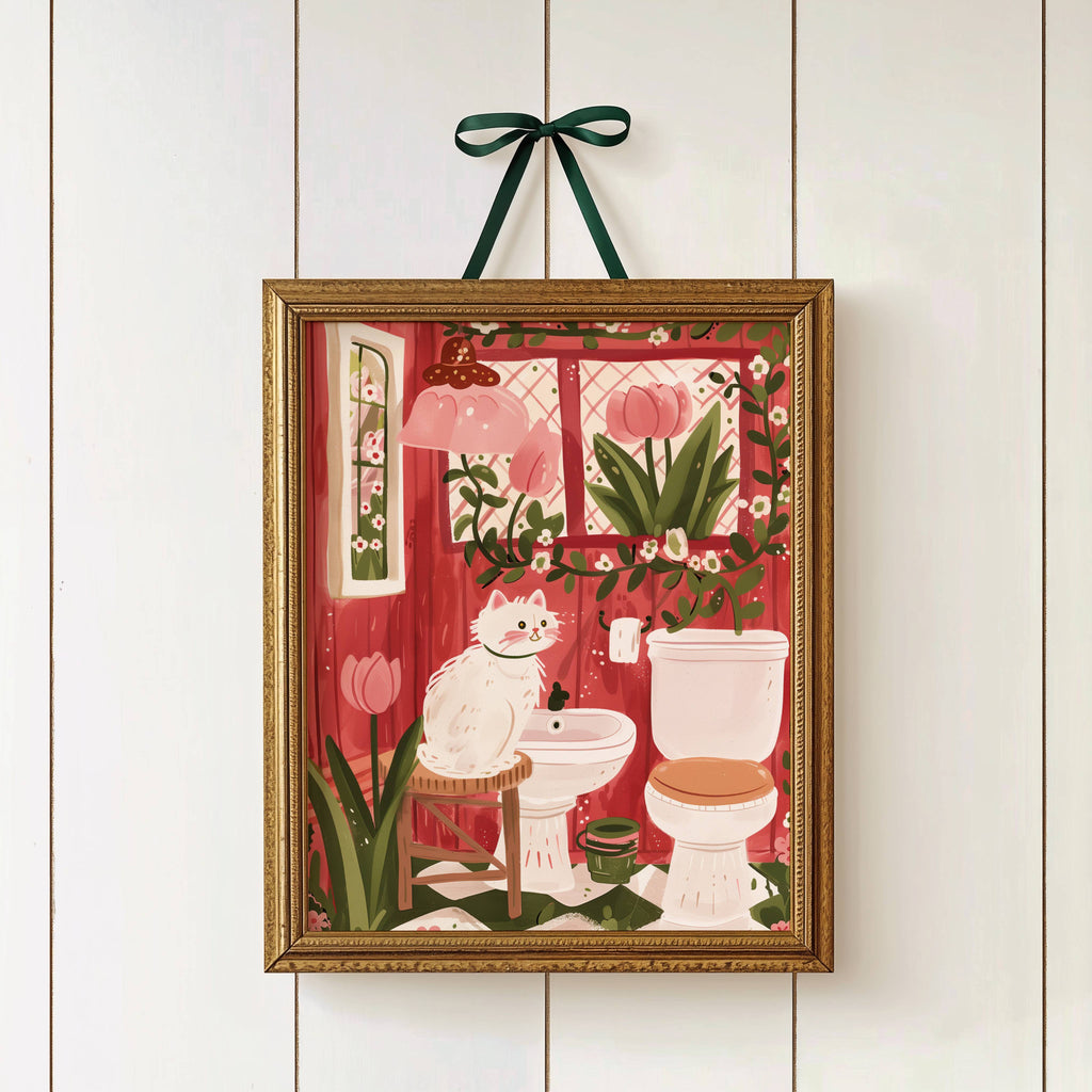 Illustration chat blanc salle de bain - Décoration WC originale - Idée cadeau amoureux des chats