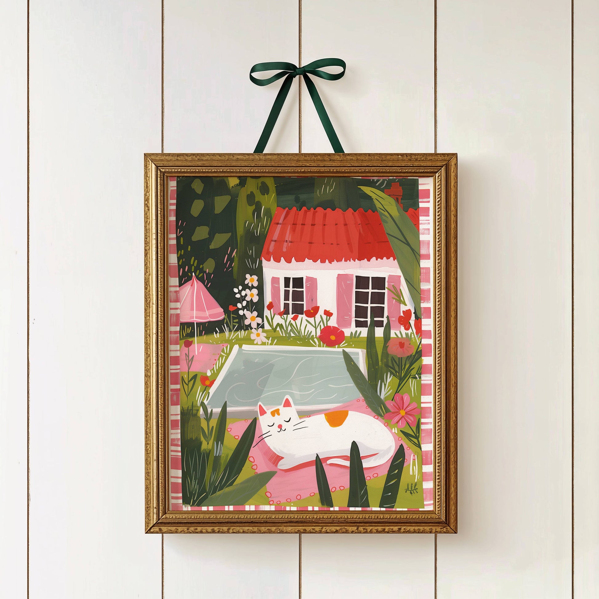 Illustration chat blanc piscine jardin – Chat endormi cottagecore – déco murale chaleureuse été, idée cadeau amoureux des chats blancs