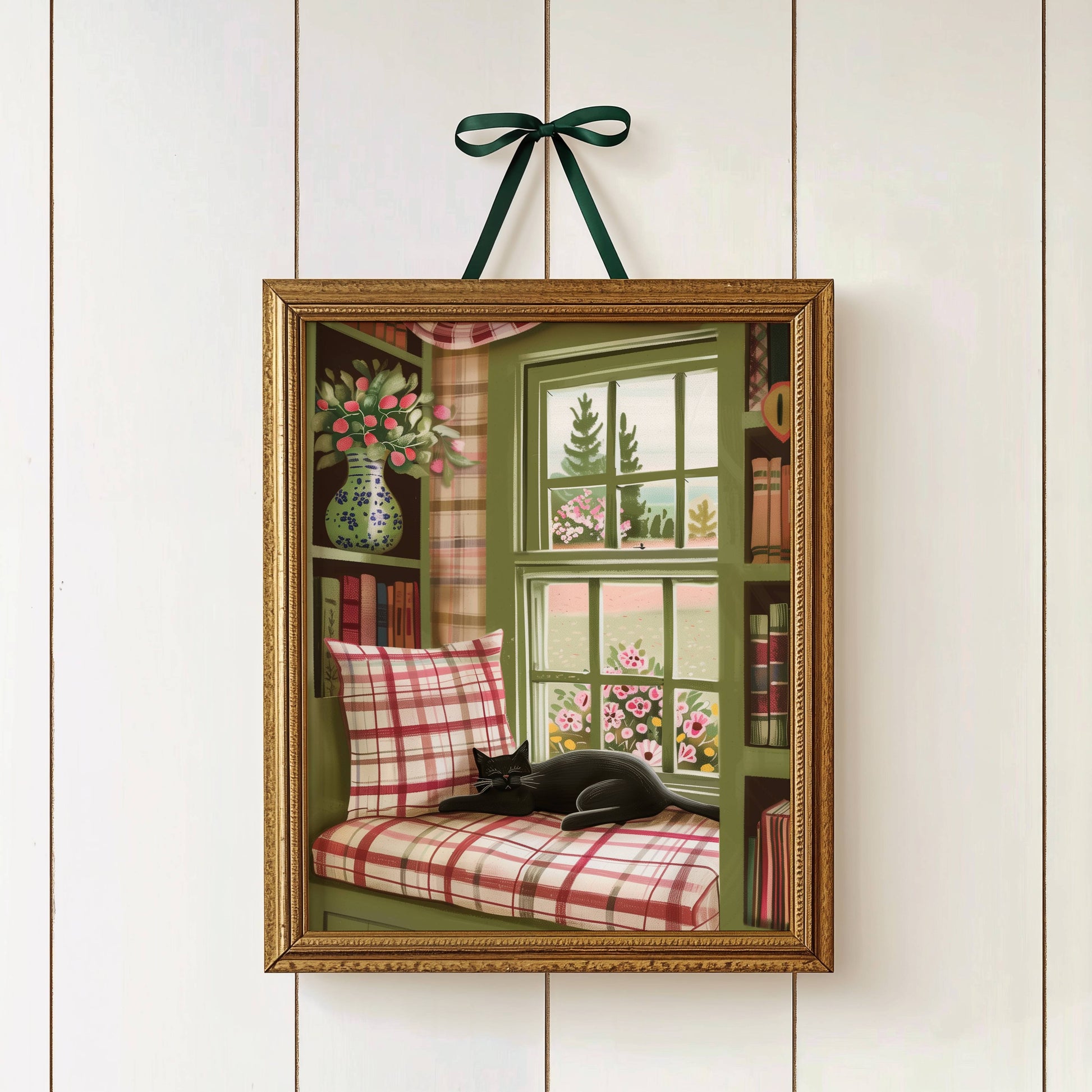 Illustration chat noir | affiche déco bibliothèque cosy | poster cottagecore chat sieste | cadeau amoureux des chats