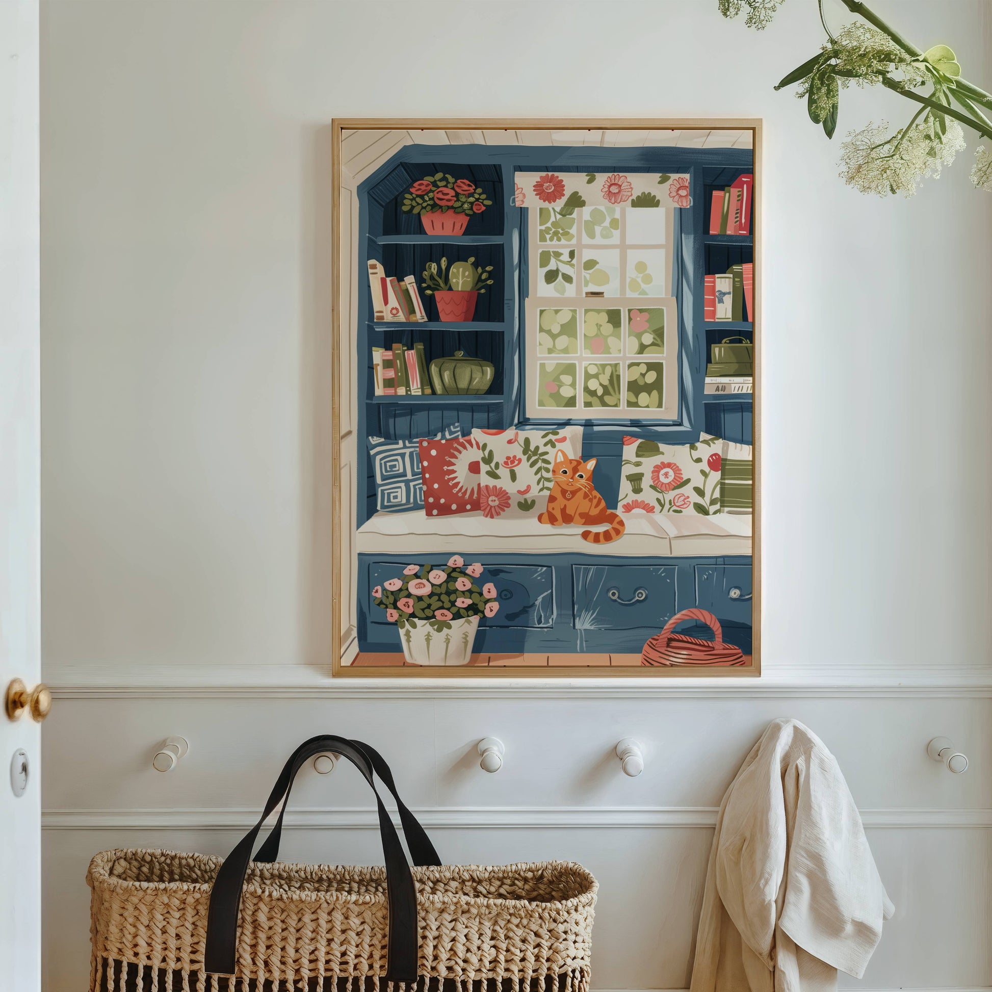 Illustration chat roux fenêtre bleue | Affiche cottagecore chat orange | cadeau amoureux des chats | art mural floral bibliothèque