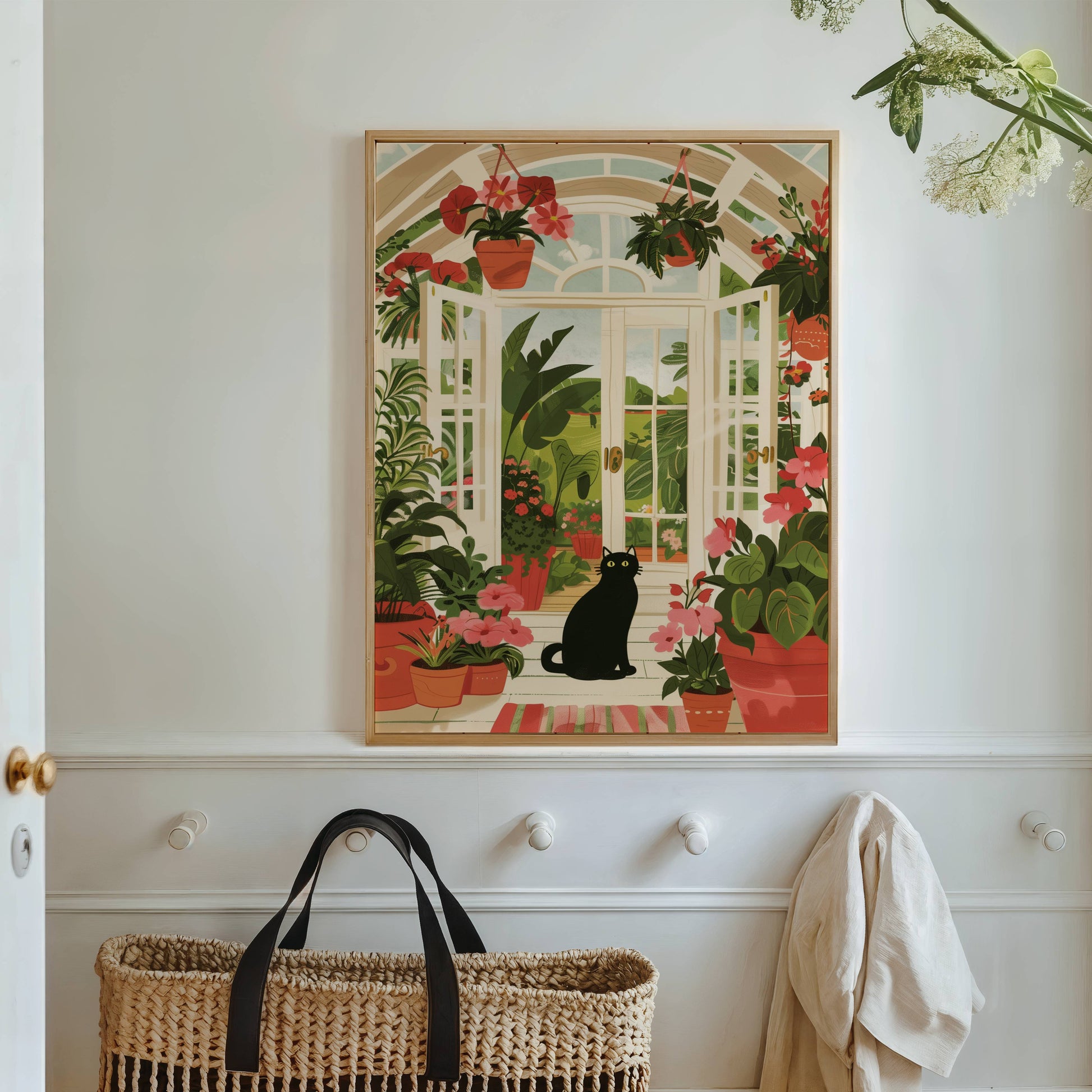 Illustration chat noir véranda | affiche jardin d'hiver plantes | cadeau amoureux des chats | déco lumineuse verrière