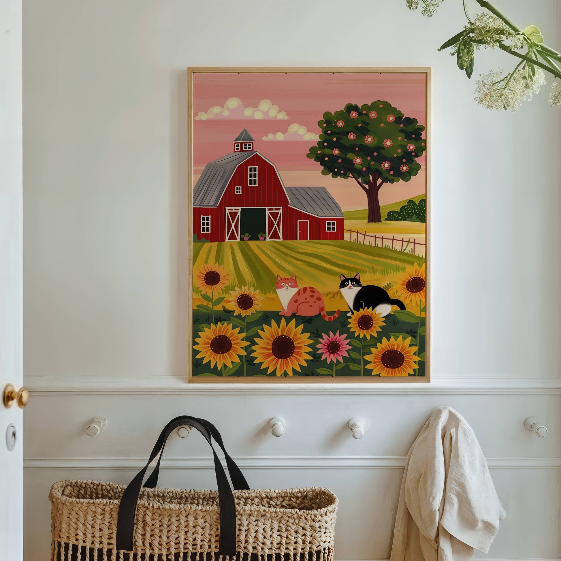 Illustration chats campagne tournesols | illustration ferme grange rouge | décor mural champêtre coloré | cadeau amoureux des chats