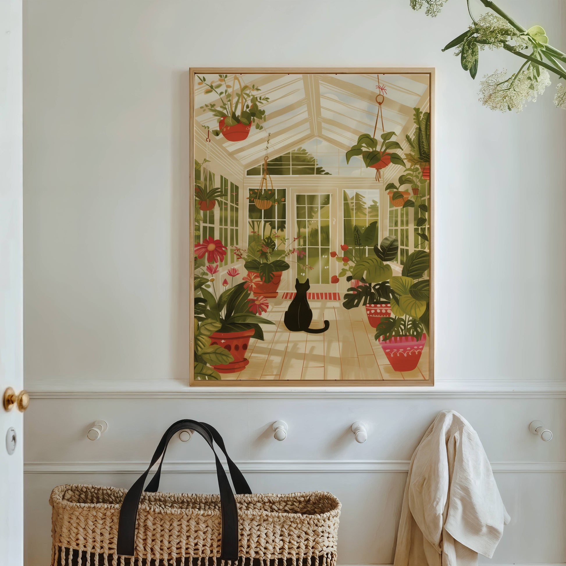 Illustration chat noir serre | affiche jardin d'hiver ensoleillé | poster cottagecore chat de dos | cadeau amoureux des chats