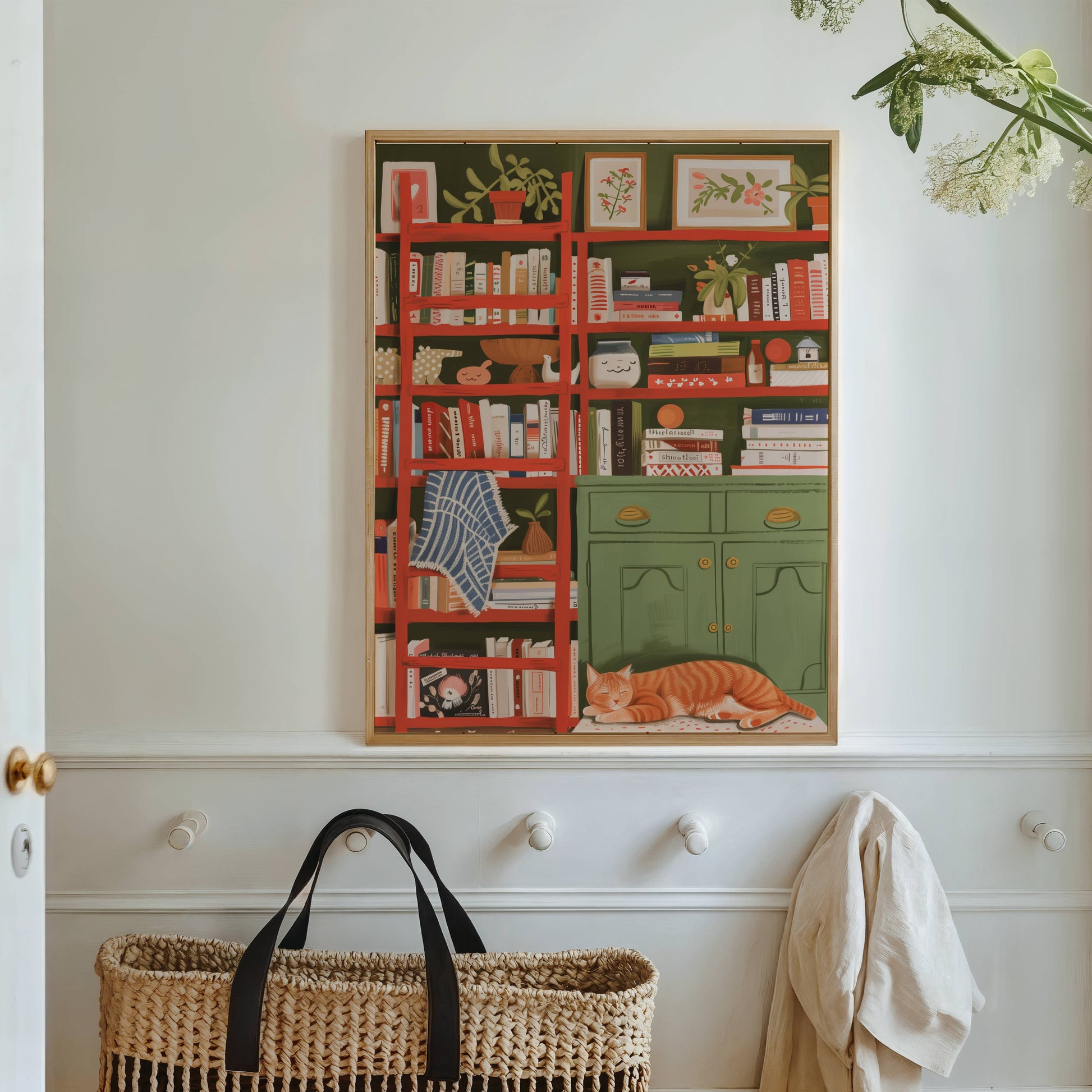 Illustration chat roux bibliothèque | affiche déco lecture cosy | poster cottagecore chat roux | cadeau amoureux des chats et des livres