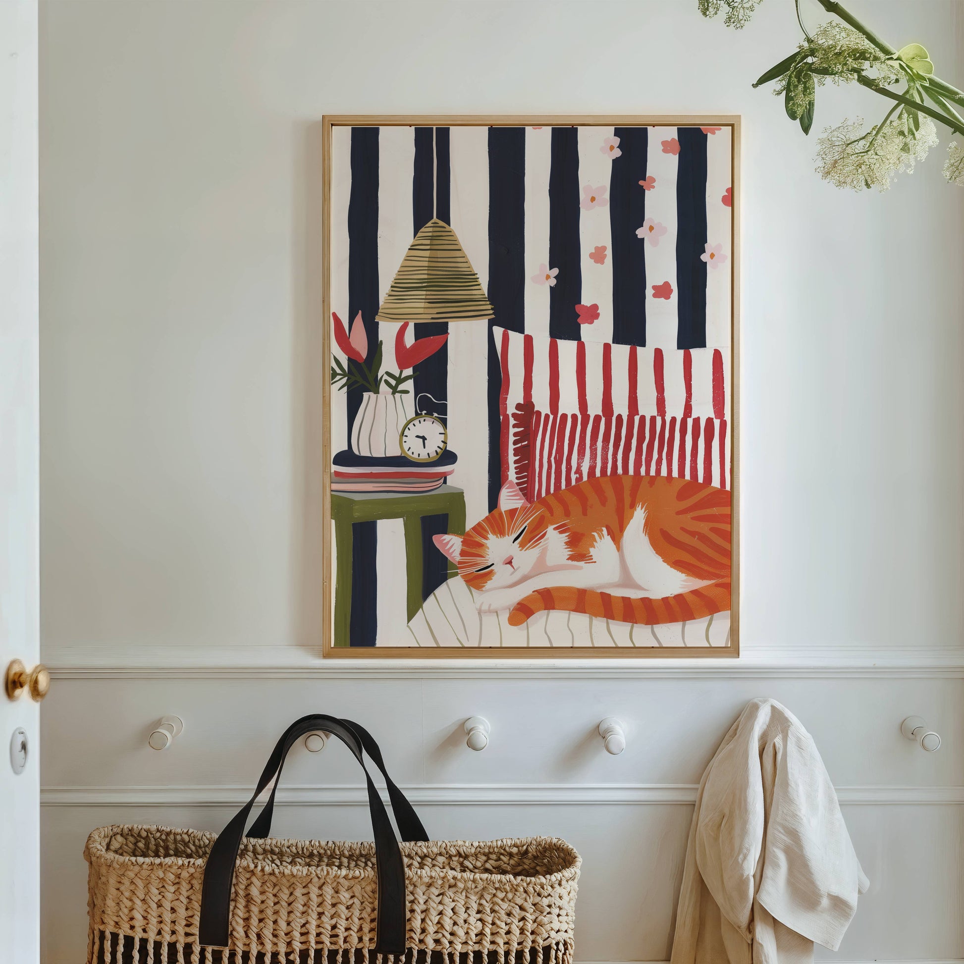 Illustration chat roux sieste | affiche chambre cosy rétro | cadeau amoureux des chats | décoration intérieure cottagecore