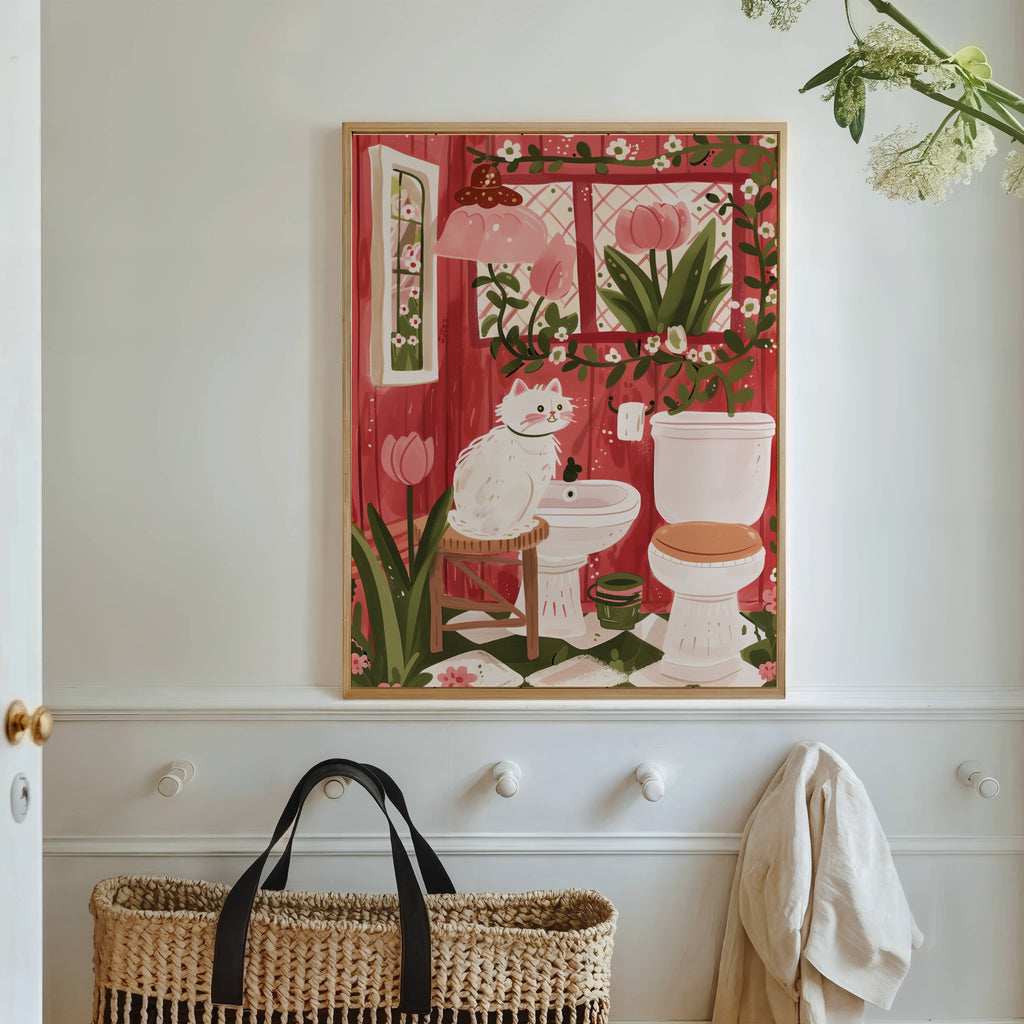 Illustration chat blanc salle de bain - Décoration WC originale - Idée cadeau amoureux des chats