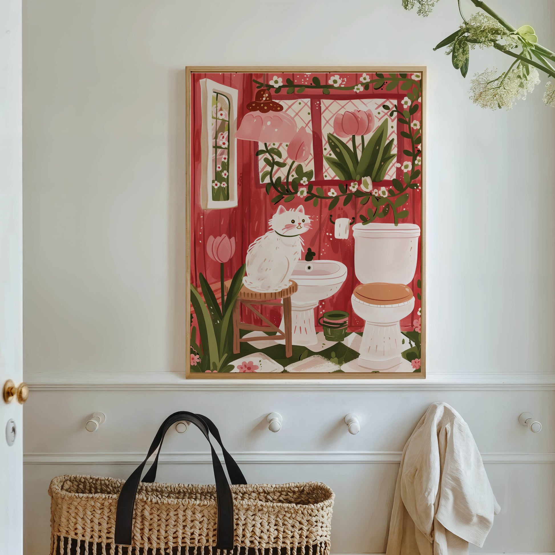 Illustration chat blanc salle de bain - Décoration WC originale - Idée cadeau amoureux des chats