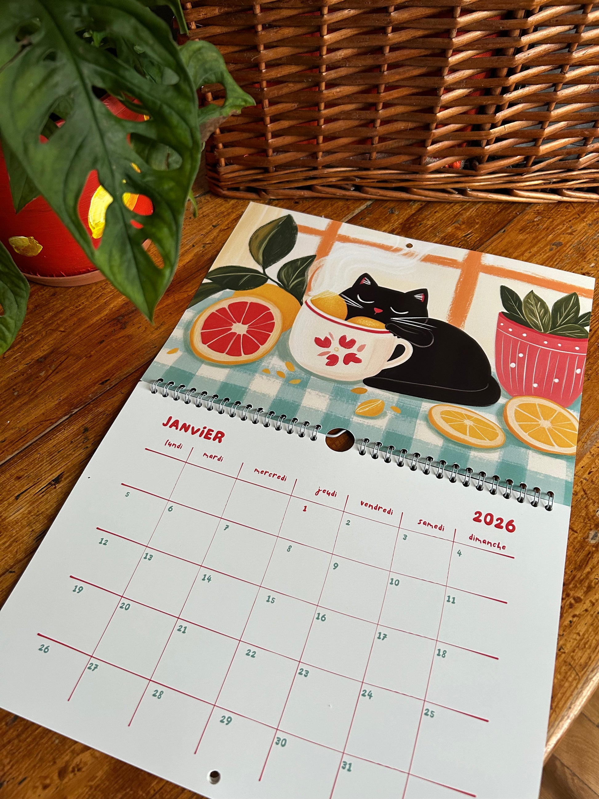 Calendrier 2026 "Le chat noir en cuisine" - calendrier amoureux des chats - décoration murale - style cottagecore - calendrier chat noir