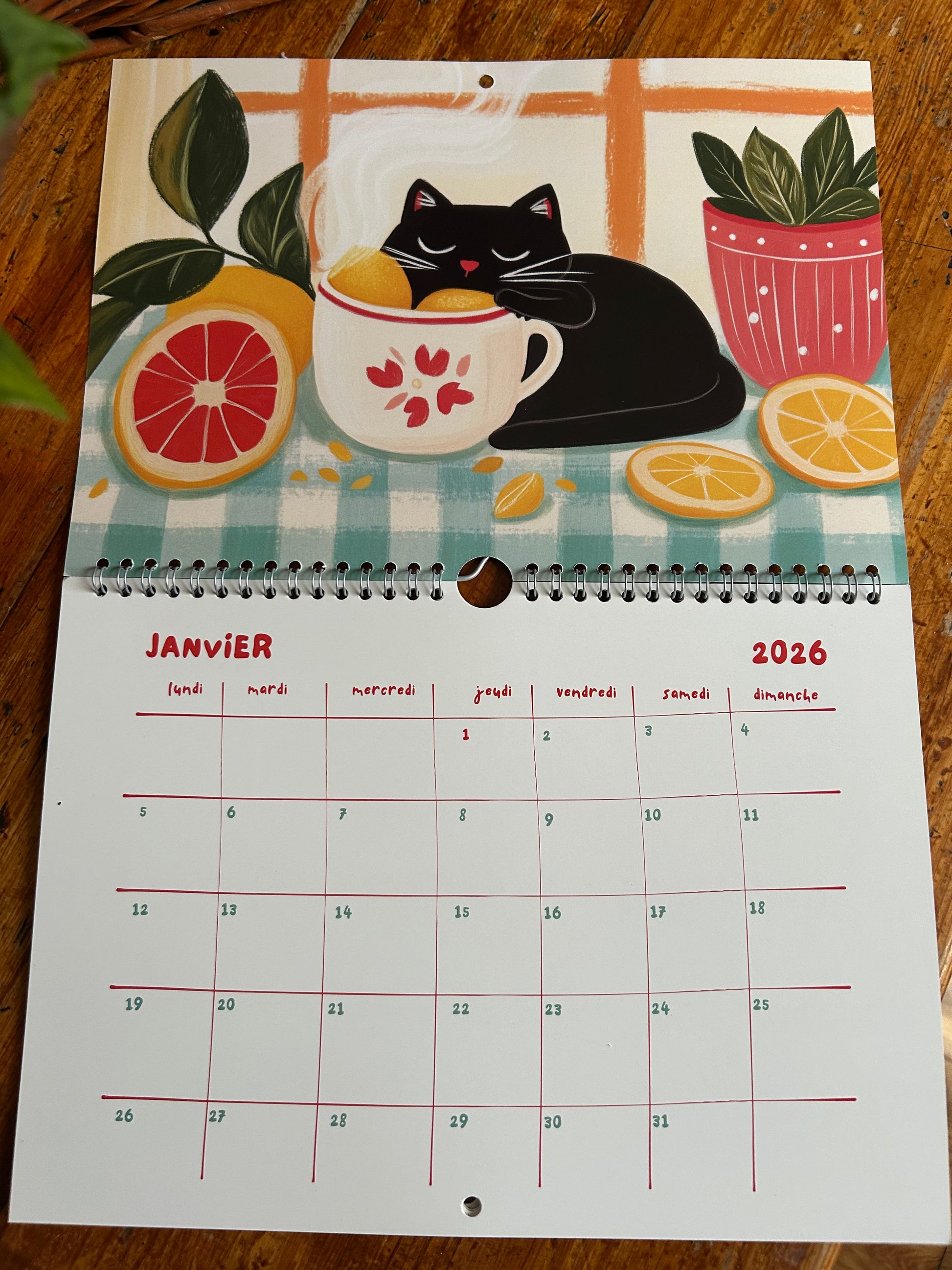 Calendrier 2026 "Le chat noir en cuisine" - calendrier amoureux des chats - décoration murale - style cottagecore - calendrier chat noir