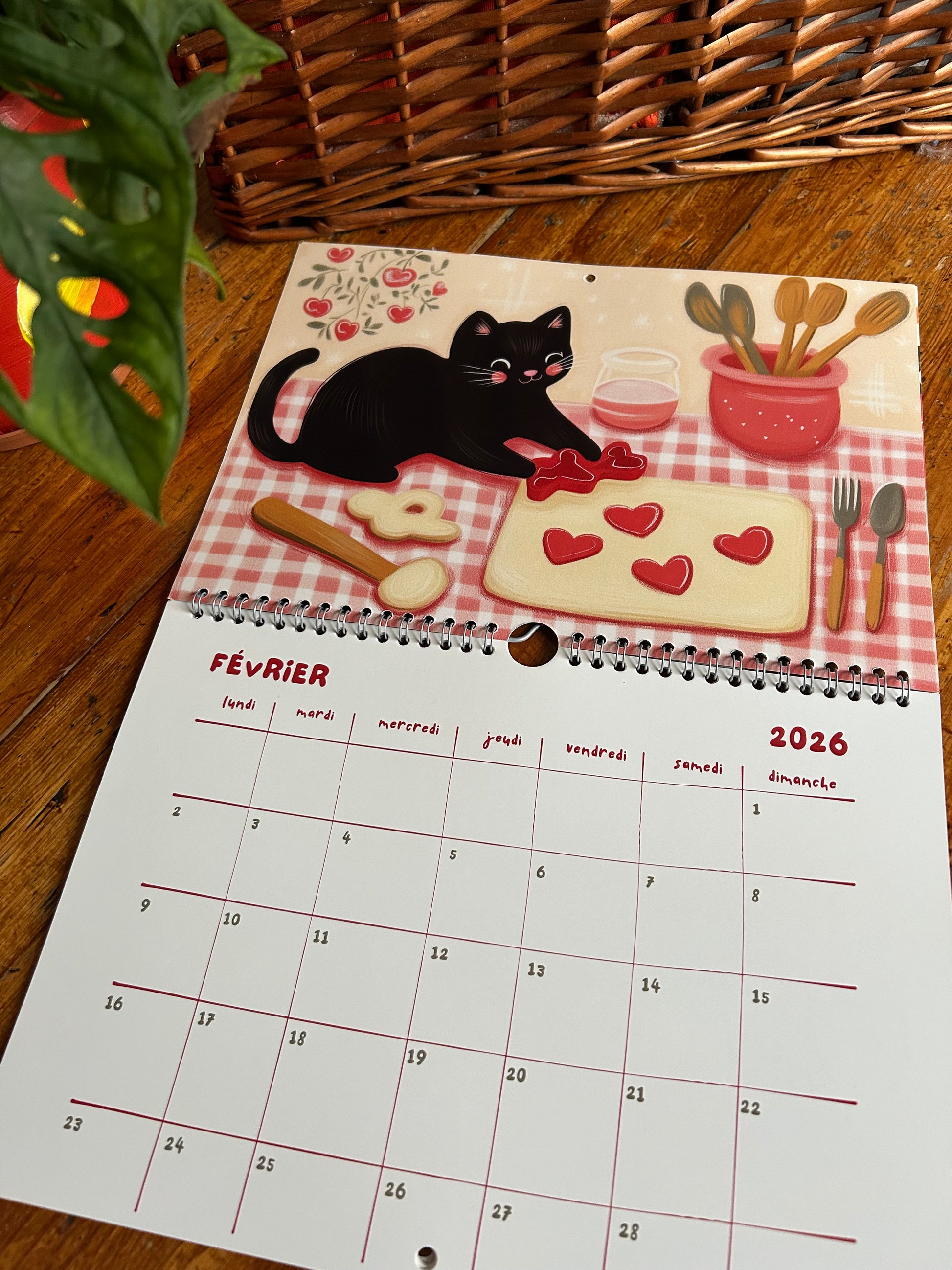 Calendrier 2026 "Le chat noir en cuisine" - calendrier amoureux des chats - décoration murale - style cottagecore - calendrier chat noir