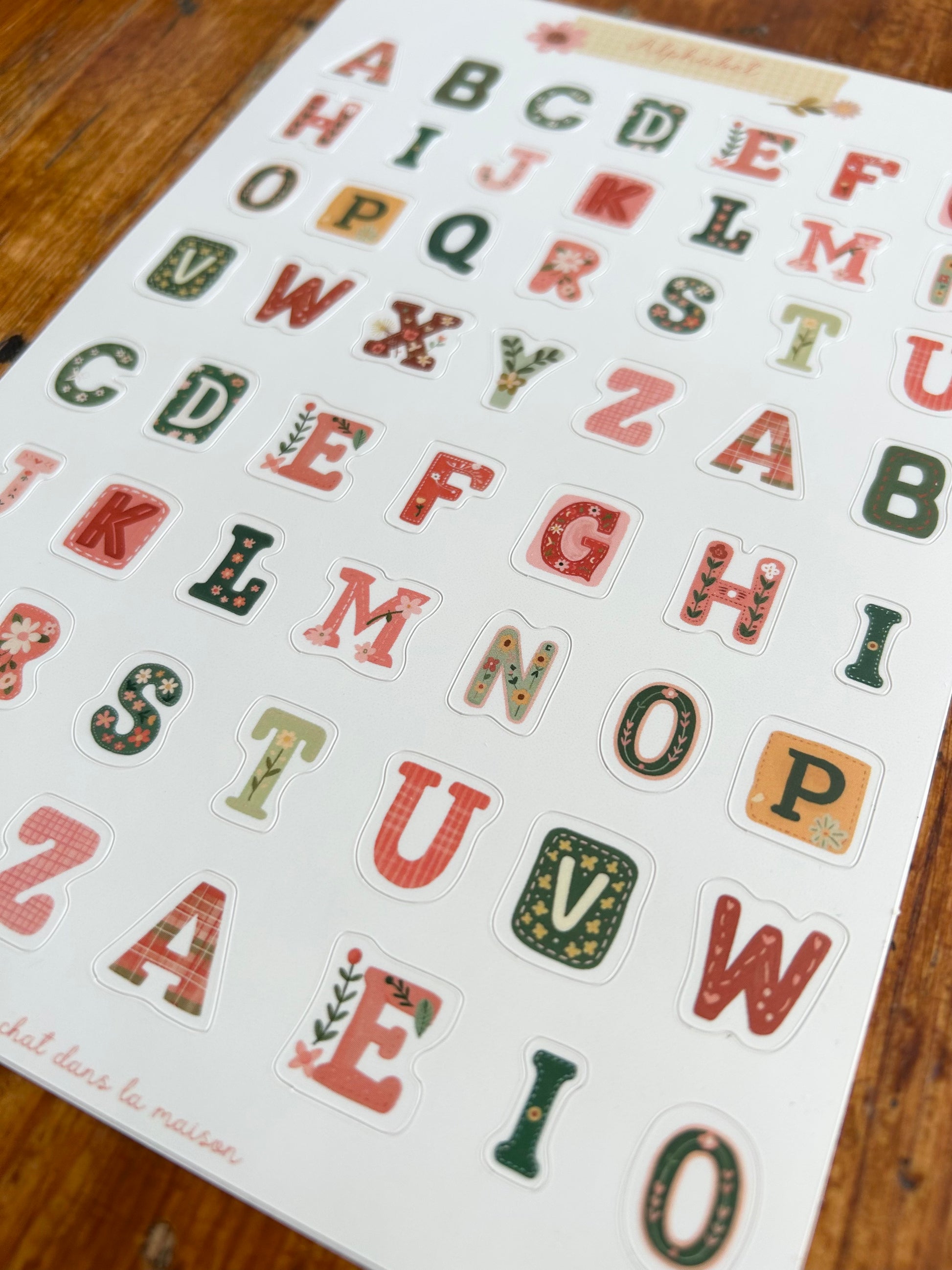 Planche stickers alphabet patchwork A5 - collection "Été tendre" - lettres décoratives cottagecore pour journal