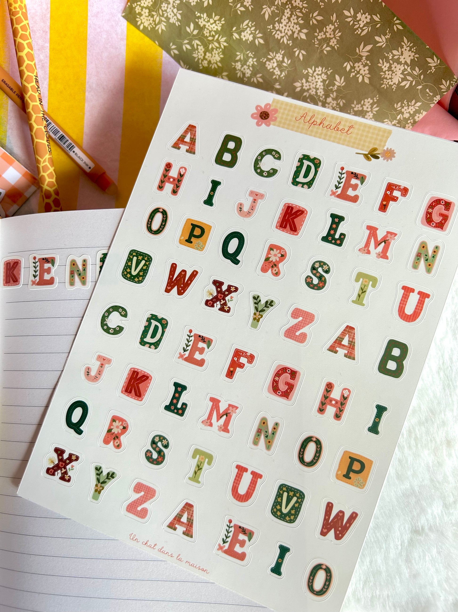 Planche stickers alphabet patchwork A5 - collection "Été tendre" - lettres décoratives cottagecore pour journal