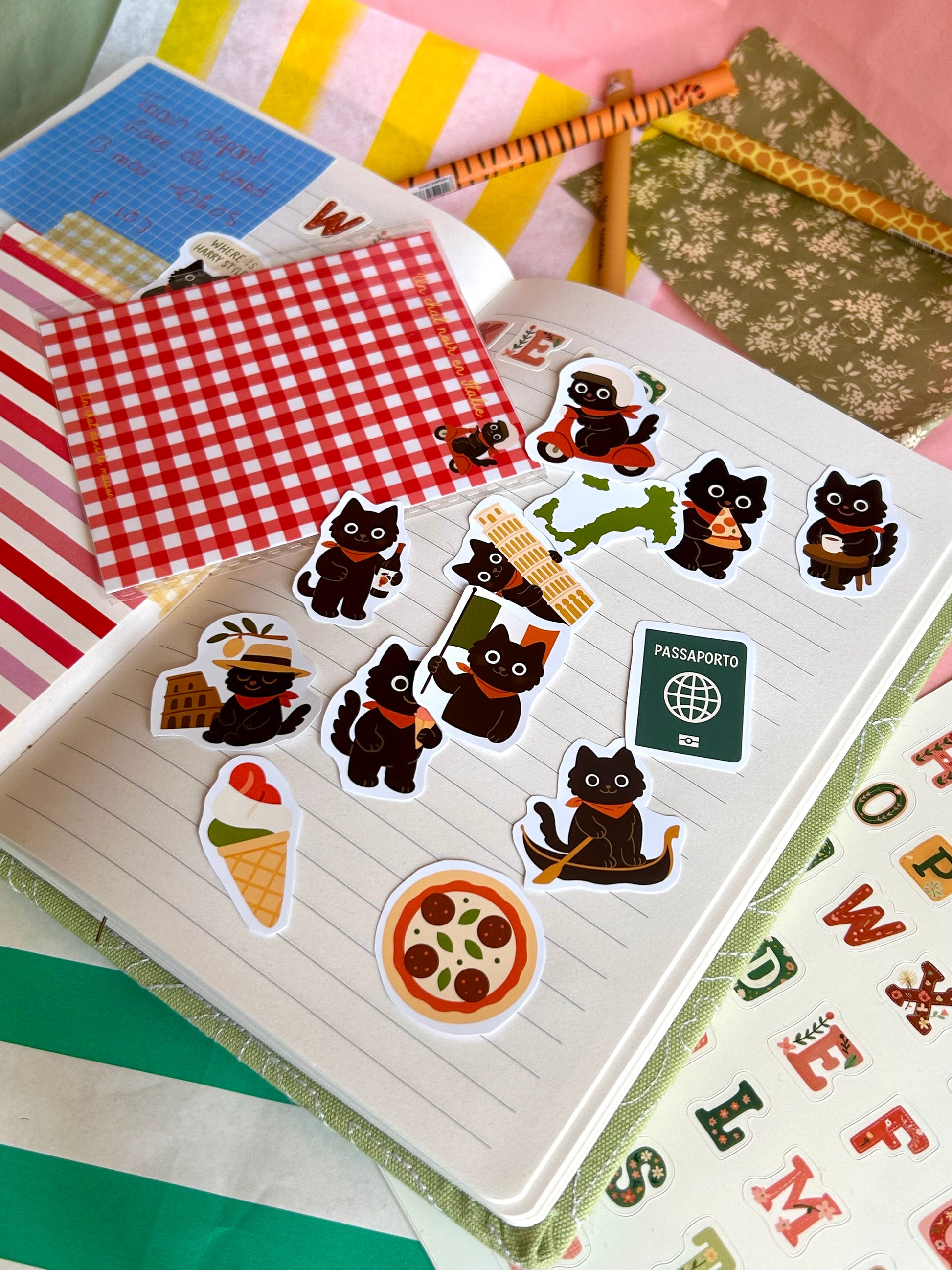 Stickers journaling  "Un chat noir en Italie" - stickers Chat Noir en Italie – Pack de 14 Stickers vinyle - scrapbooking - junk journal