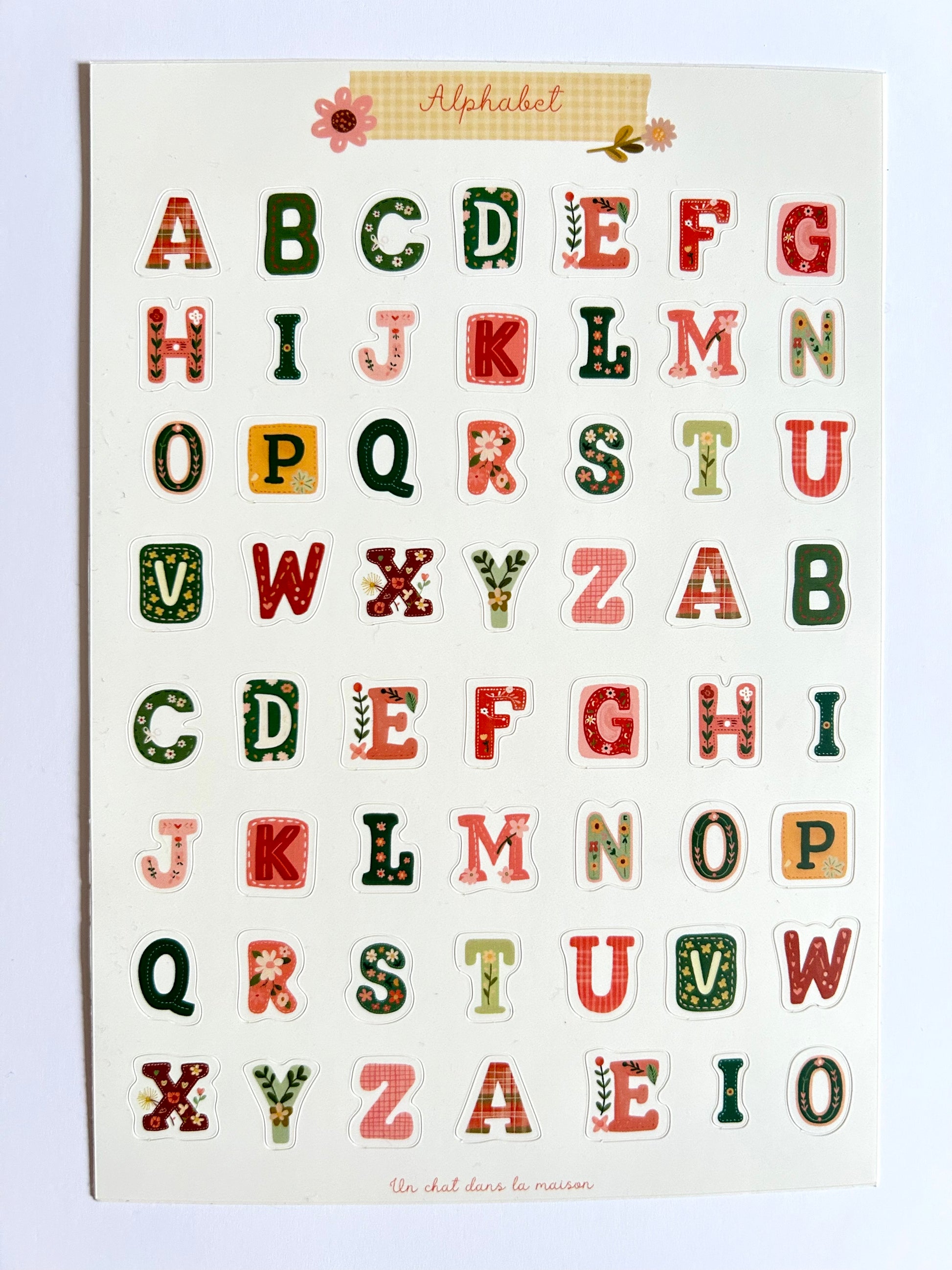 Planche stickers alphabet patchwork A5 - collection "Été tendre" - lettres décoratives cottagecore pour journal