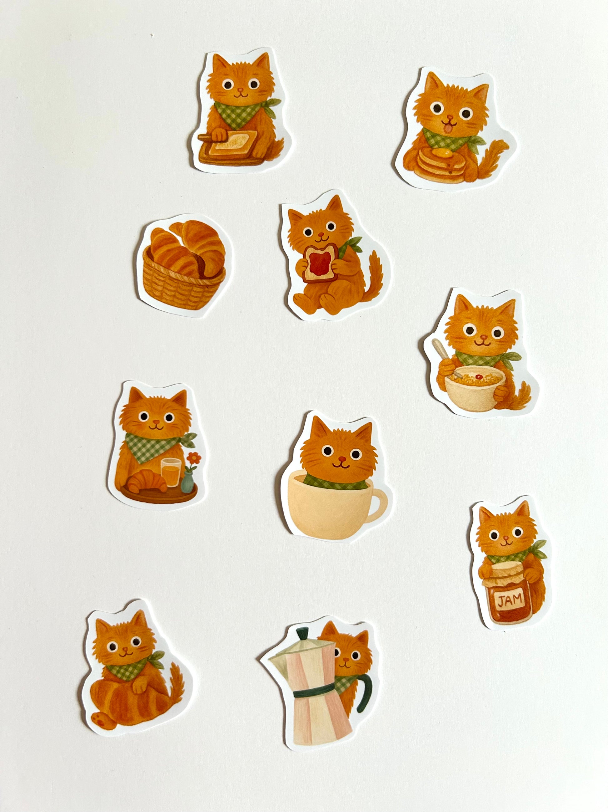 Stickers journaling  "Le Ptit Dej' du chat roux" - stickers Chat roux & petit déjeuner – Pack de 10 Stickers vinyle
