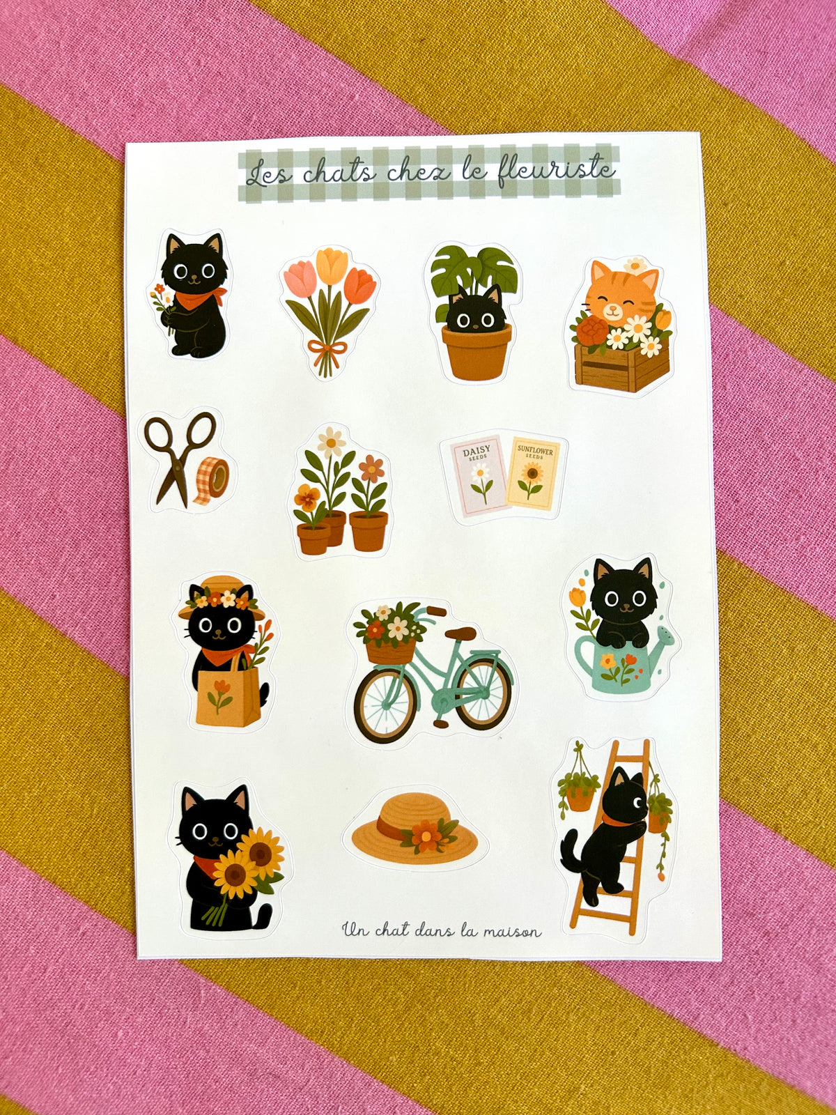 Planche stickers alphabet patchwork A5 - collection "Été tendre" - Chats chez le fleuriste, fleurs & plantes