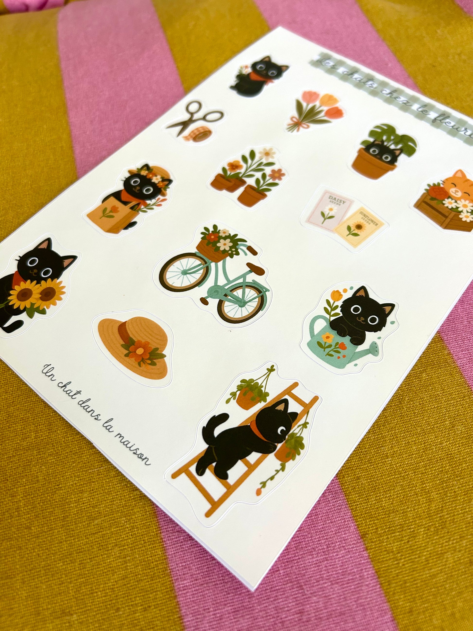 Planche stickers alphabet patchwork A5 - collection "Été tendre" - Chats chez le fleuriste, fleurs & plantes