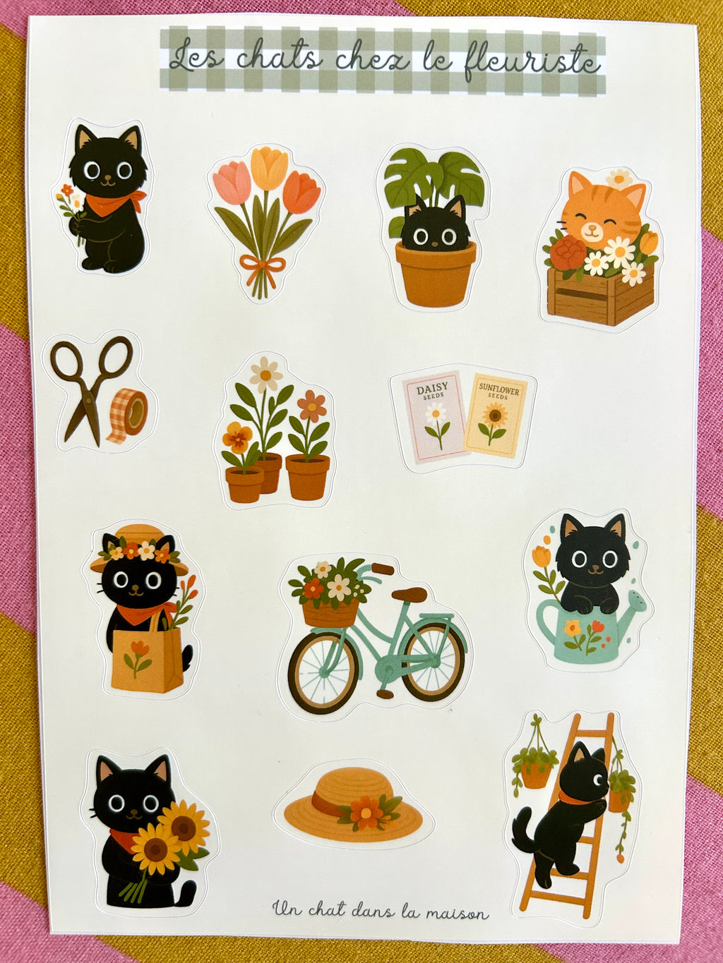 Planche stickers alphabet patchwork A5 - collection "Été tendre" - Chats chez le fleuriste, fleurs & plantes