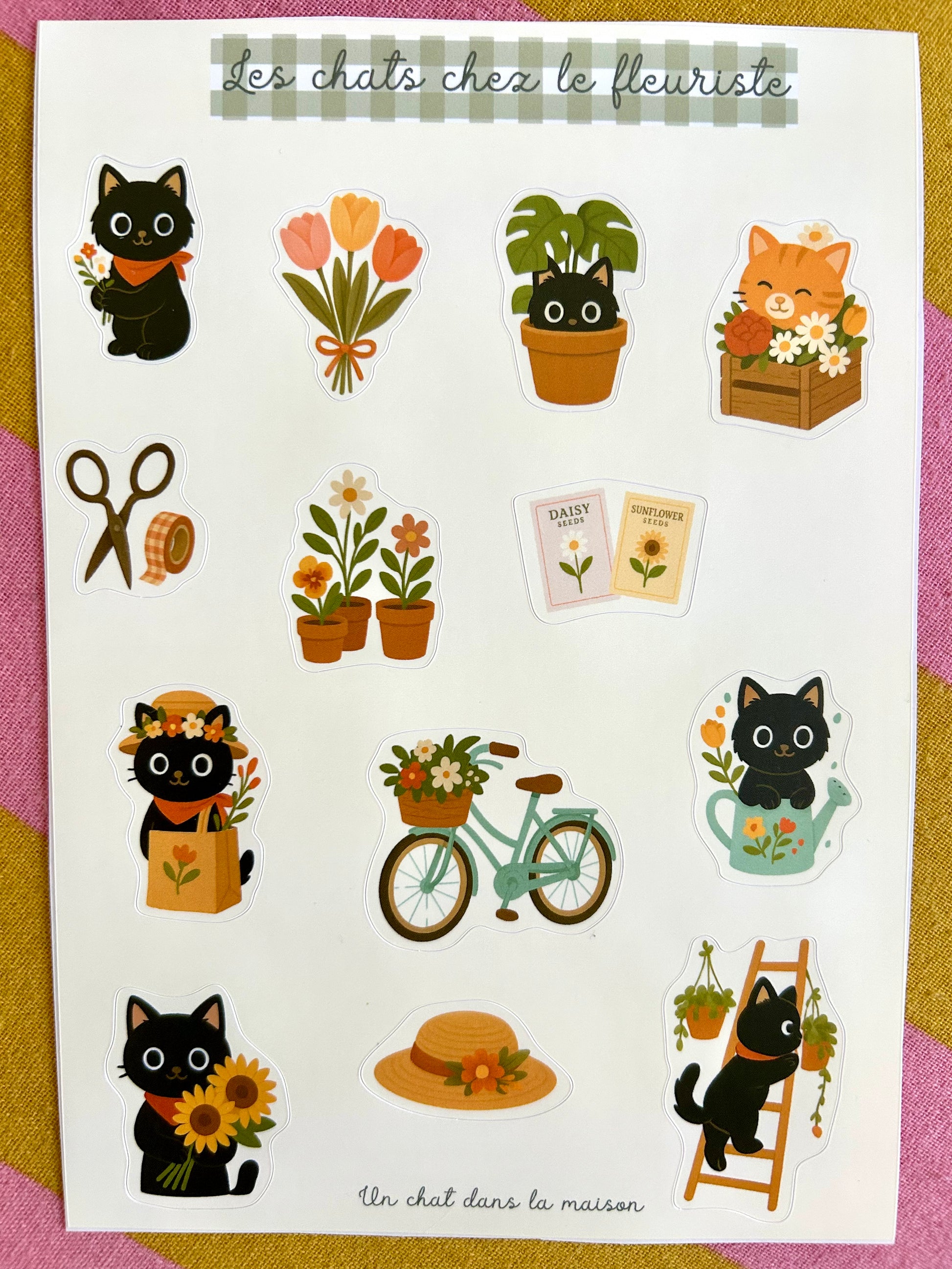 Planche stickers alphabet patchwork A5 - collection "Été tendre" - Chats chez le fleuriste, fleurs & plantes