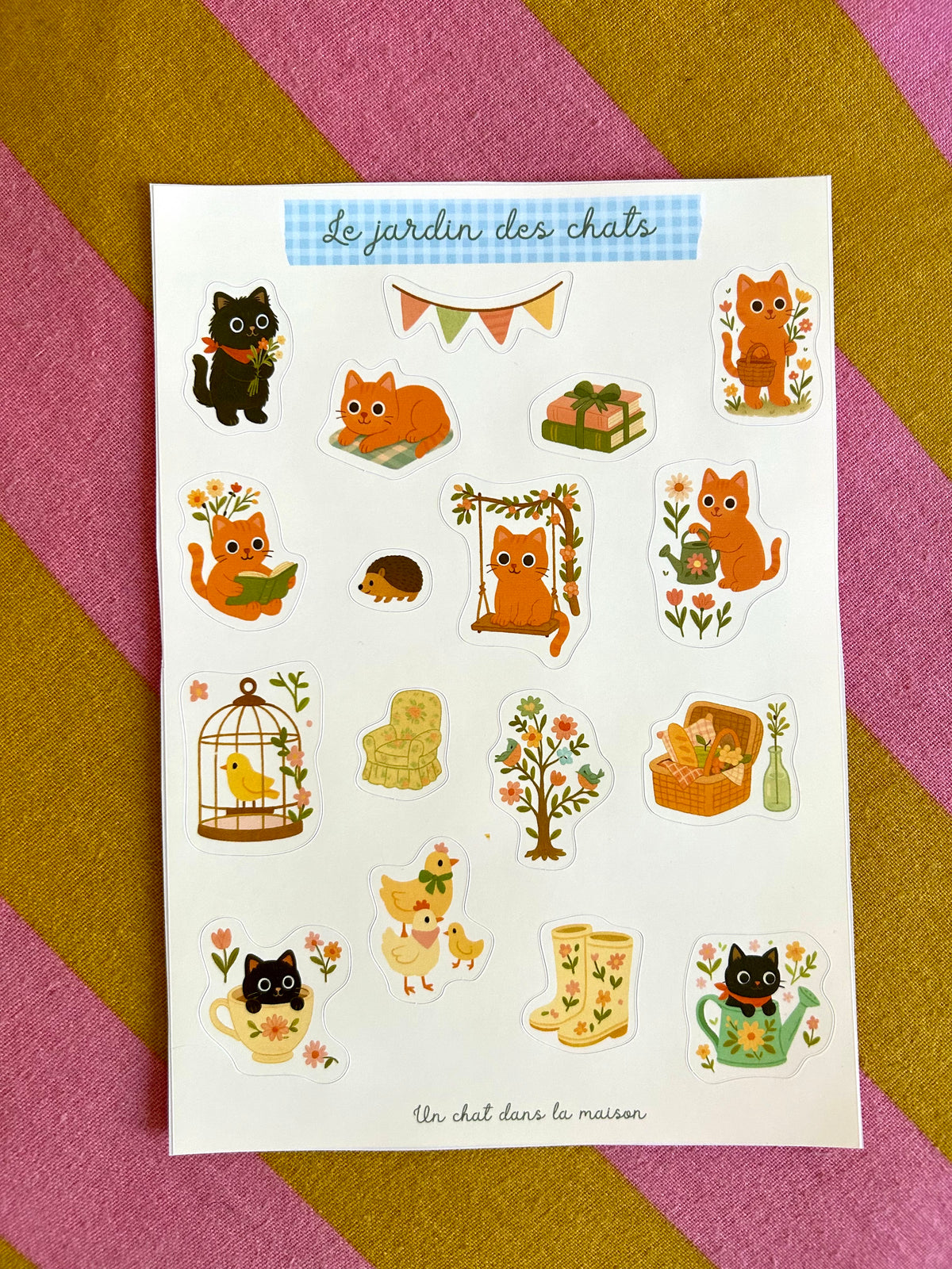 Planche de stickers chats A5 - Collection "Été tendre" - Scènes de jardin, fleurs, pique-nique
