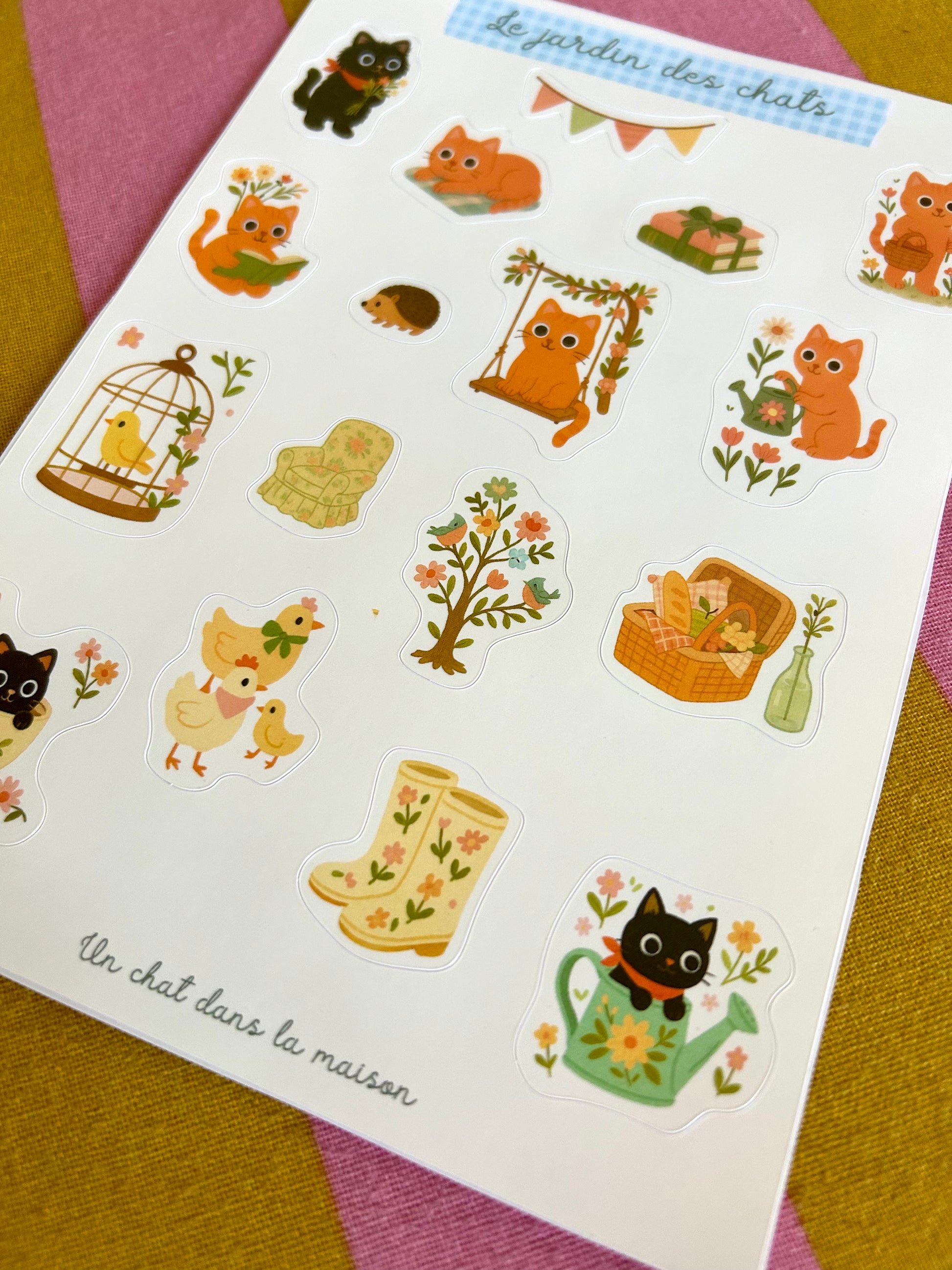 Planche de stickers chats A5 - Collection "Été tendre" - Scènes de jardin, fleurs, pique-nique