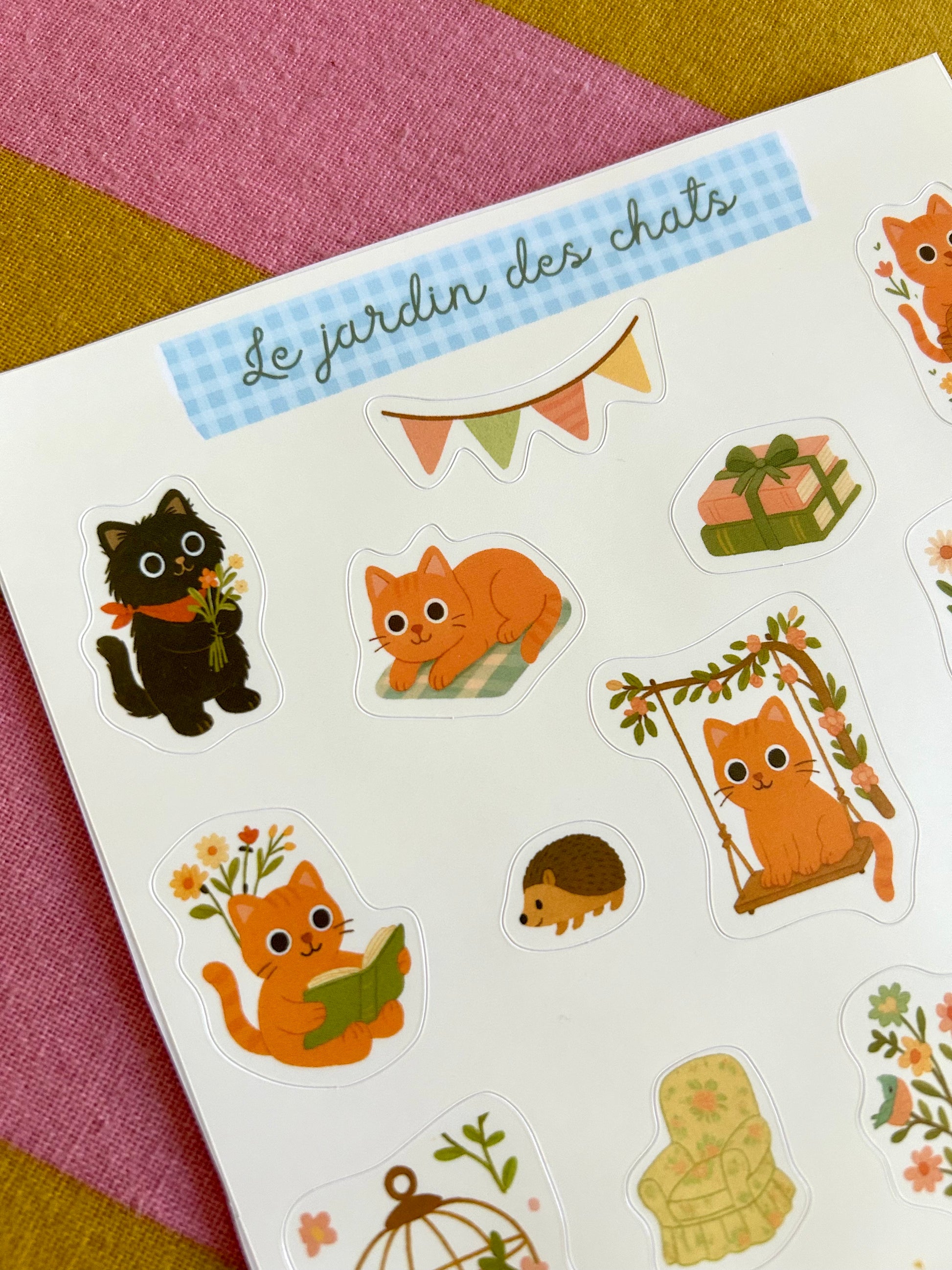 Planche de stickers chats A5 - Collection "Été tendre" - Scènes de jardin, fleurs, pique-nique