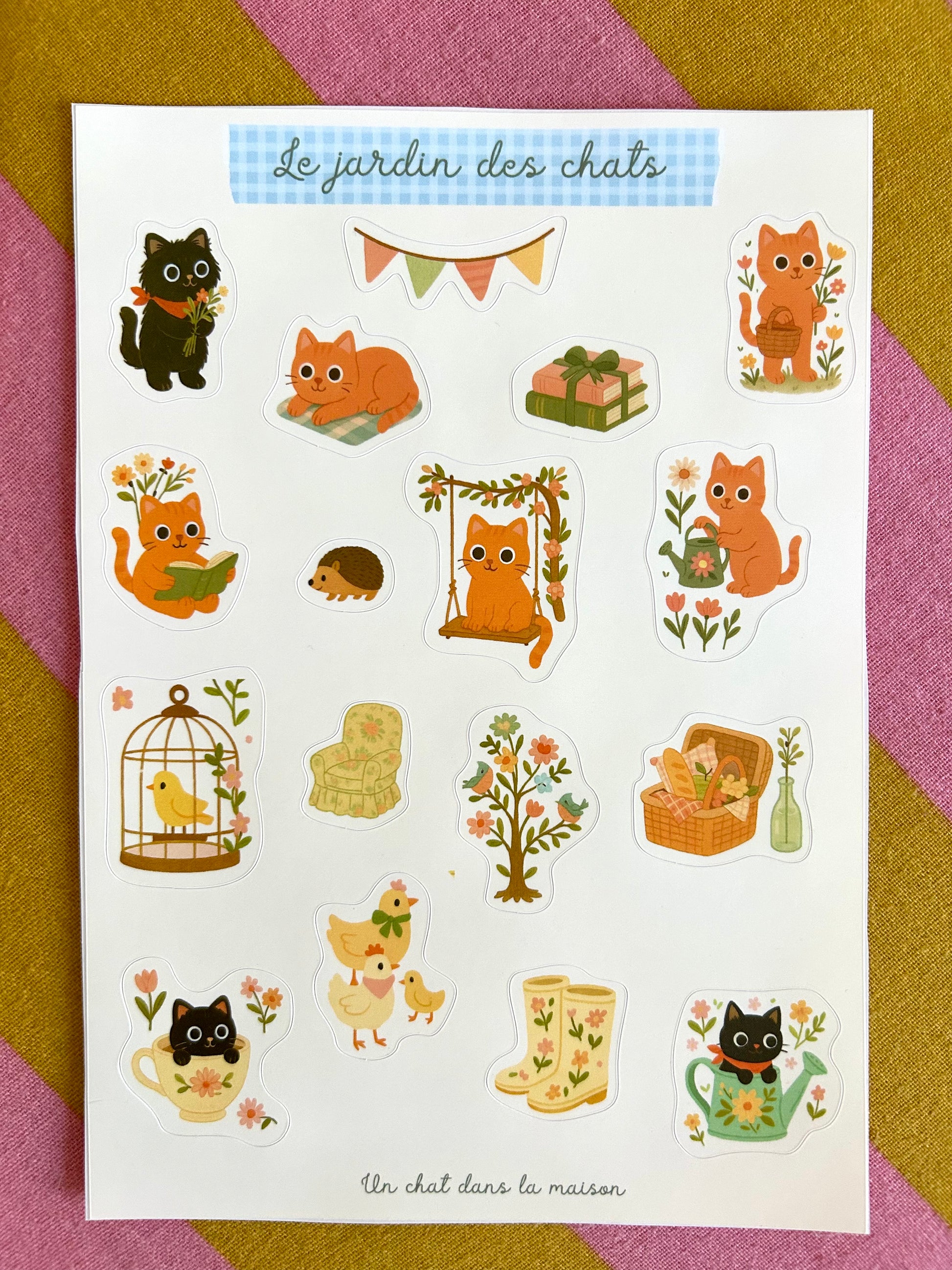 Planche de stickers chats A5 - Collection "Été tendre" - Scènes de jardin, fleurs, pique-nique