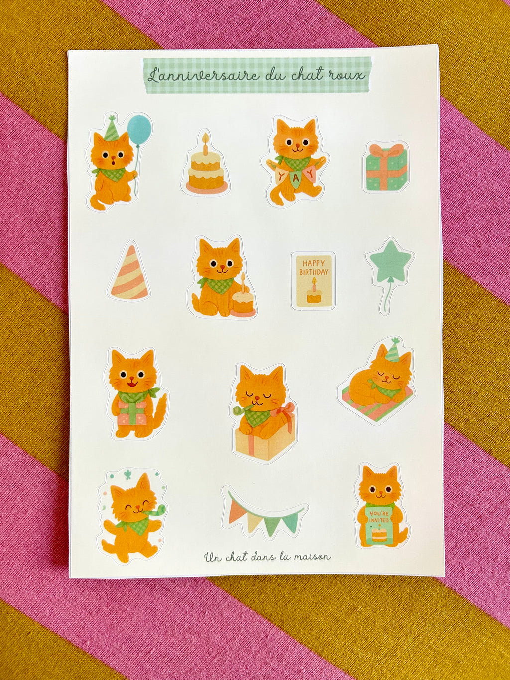 Planche stickers alphabet patchwork A5 - collection "Été tendre" - Anniversaire du chat roux, gâteau & cadeaux