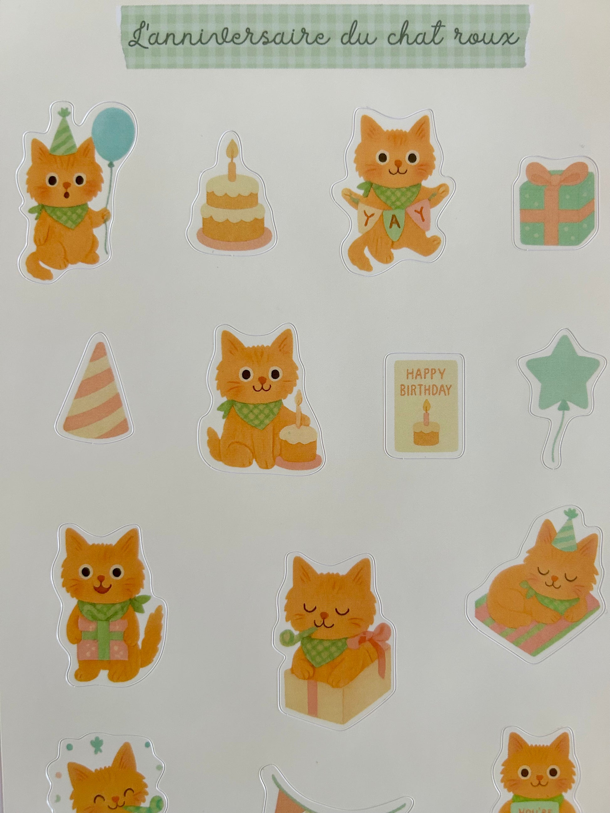 Planche stickers alphabet patchwork A5 - collection "Été tendre" - Anniversaire du chat roux, gâteau & cadeaux