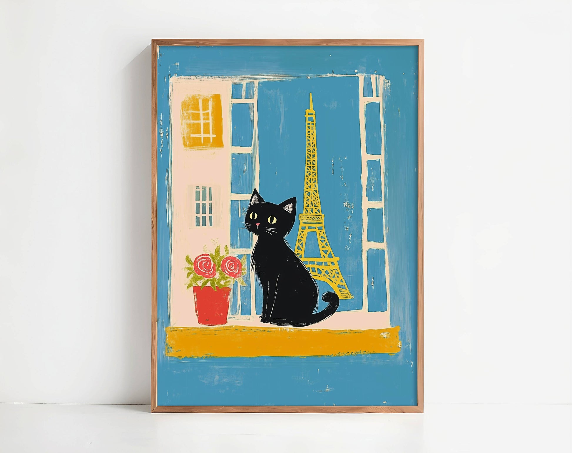 Illustration chat noir Paris – Chat noir Tour Eiffel – déco murale chaleureuse cottagecore, cadeau amoureux des chats