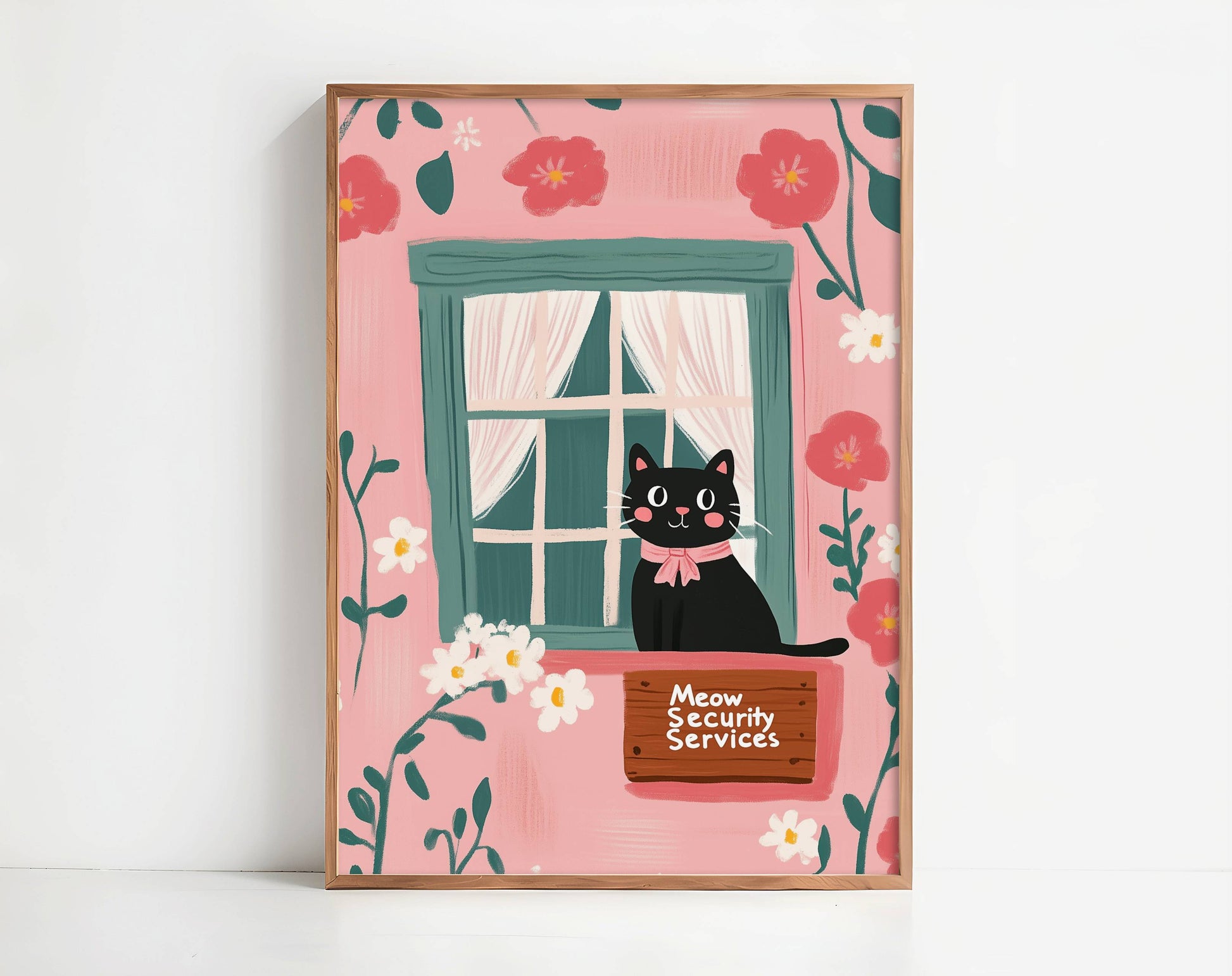 Illustration chat noir fenêtre cottage – Chat avec nœud rose et pancarte – déco murale chaleureuse, idée cadeau amoureux des chats