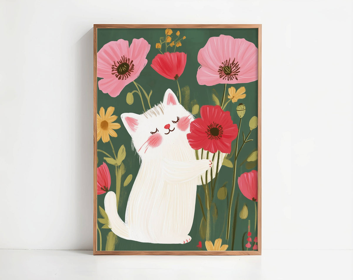 Illustration chat blanc bouquet coquelicots – déco murale chaleureuse cottagecore - cadeau amoureux des chats