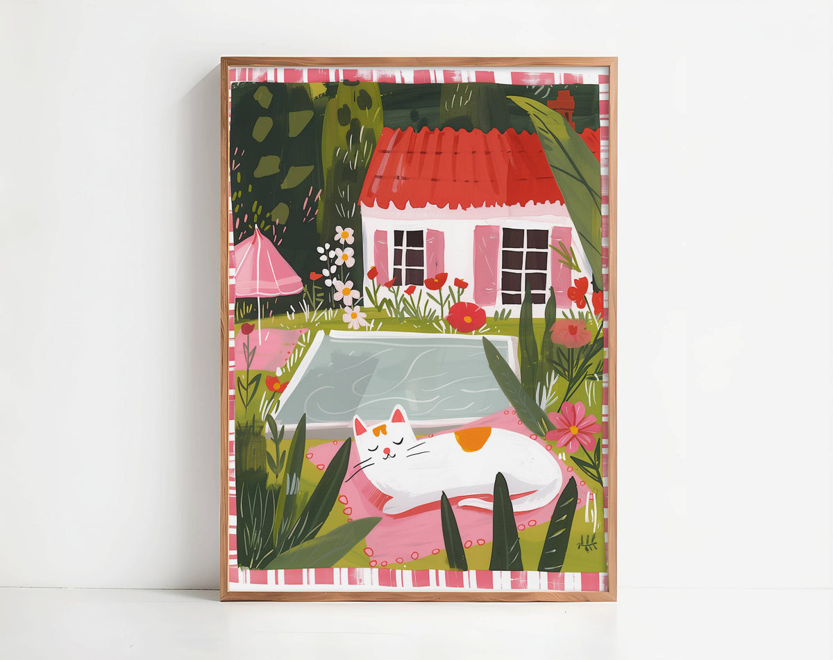 Illustration chat blanc piscine jardin – Chat endormi cottagecore – déco murale chaleureuse été, idée cadeau amoureux des chats blancs