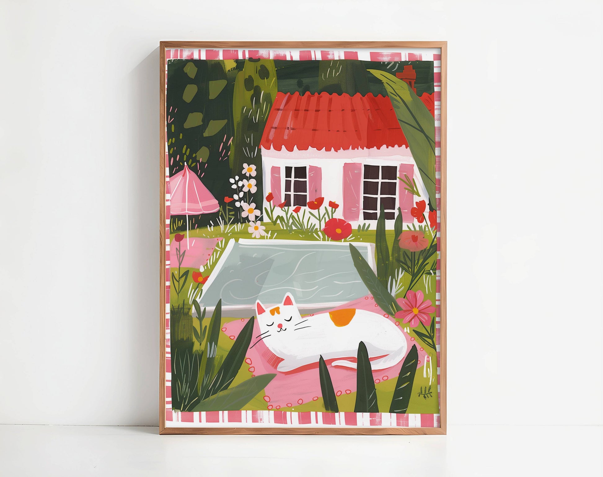 Illustration chat blanc piscine jardin – Chat endormi cottagecore – déco murale chaleureuse été, idée cadeau amoureux des chats blancs